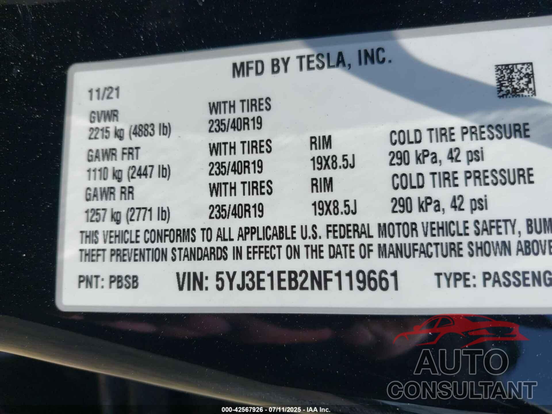 TESLA MODEL 3 2022 - 5YJ3E1EB2NF119661