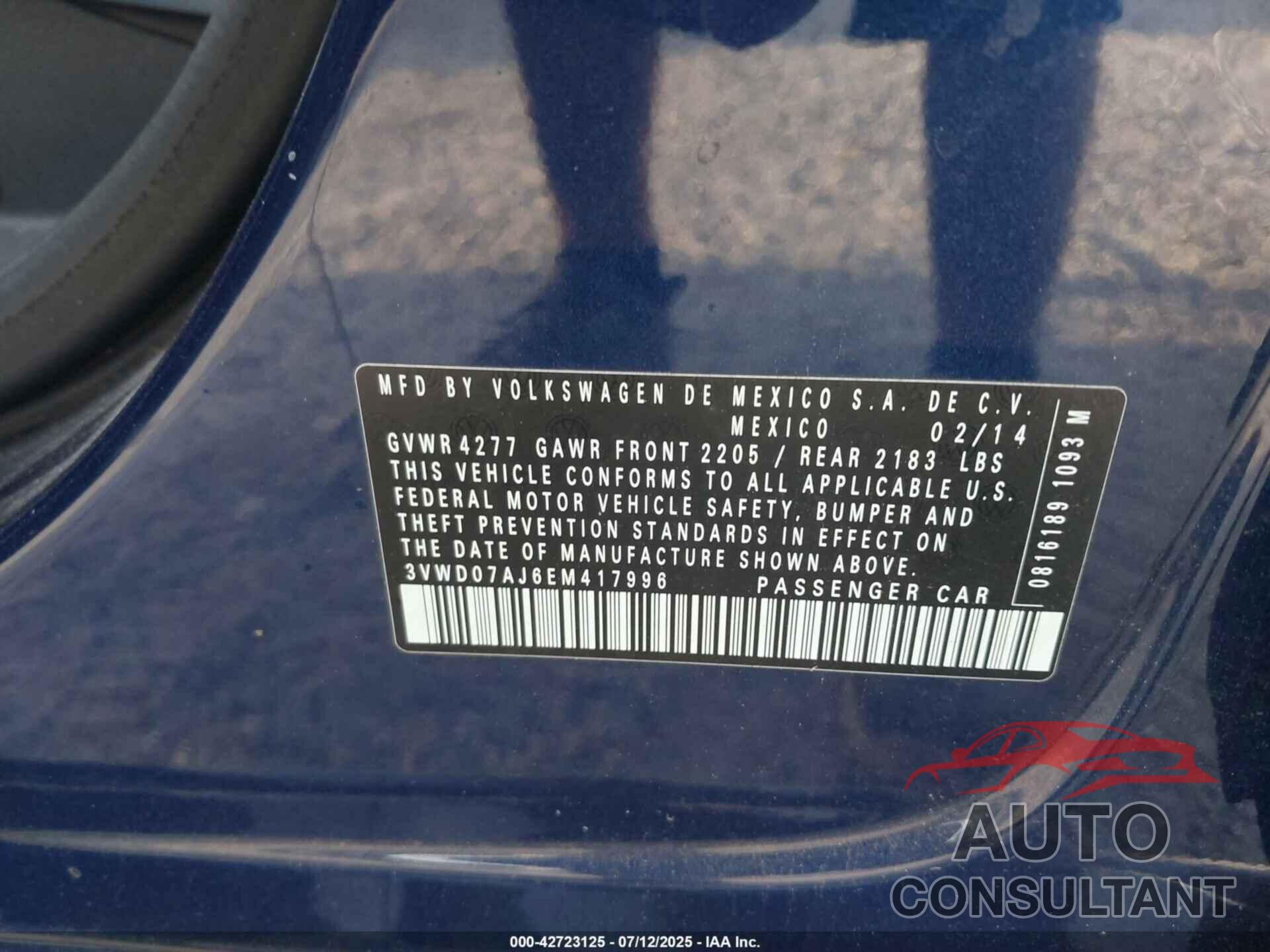 VOLKSWAGEN JETTA 2014 - 3VWD07AJ6EM417996