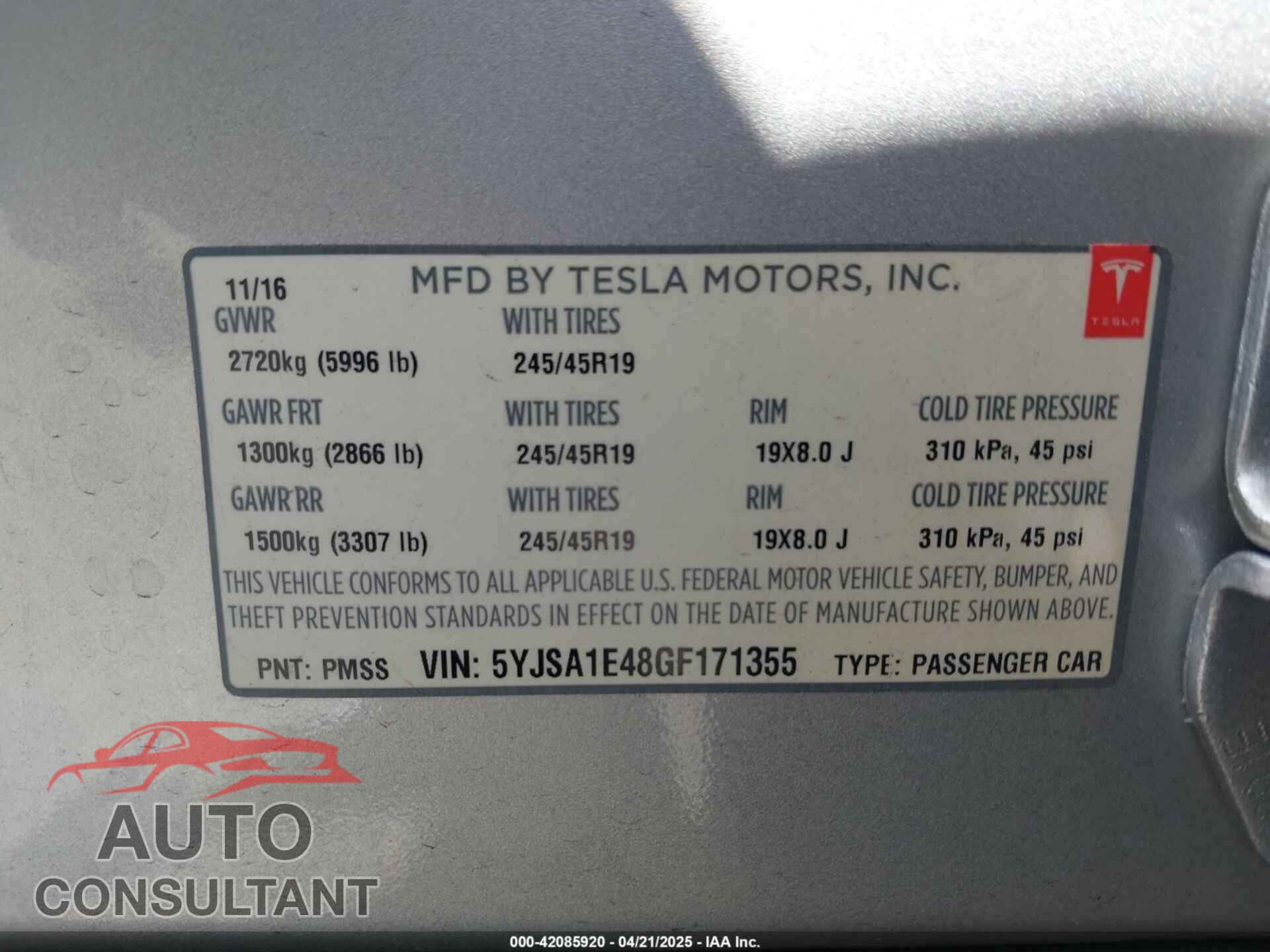 TESLA MODEL S 2016 - 5YJSA1E48GF171355