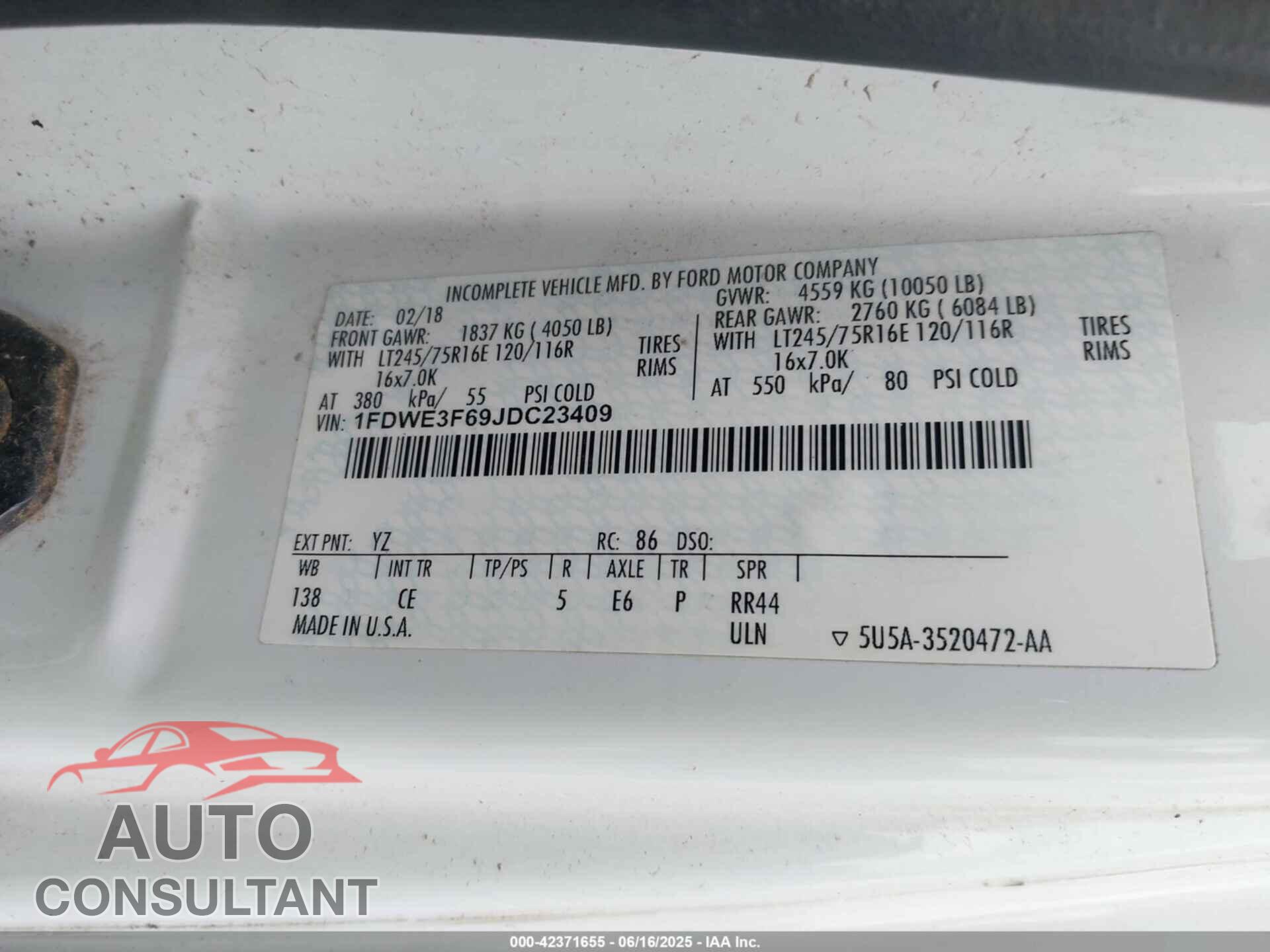 FORD E-350 CUTAWAY 2018 - 1FDWE3F69JDC23409