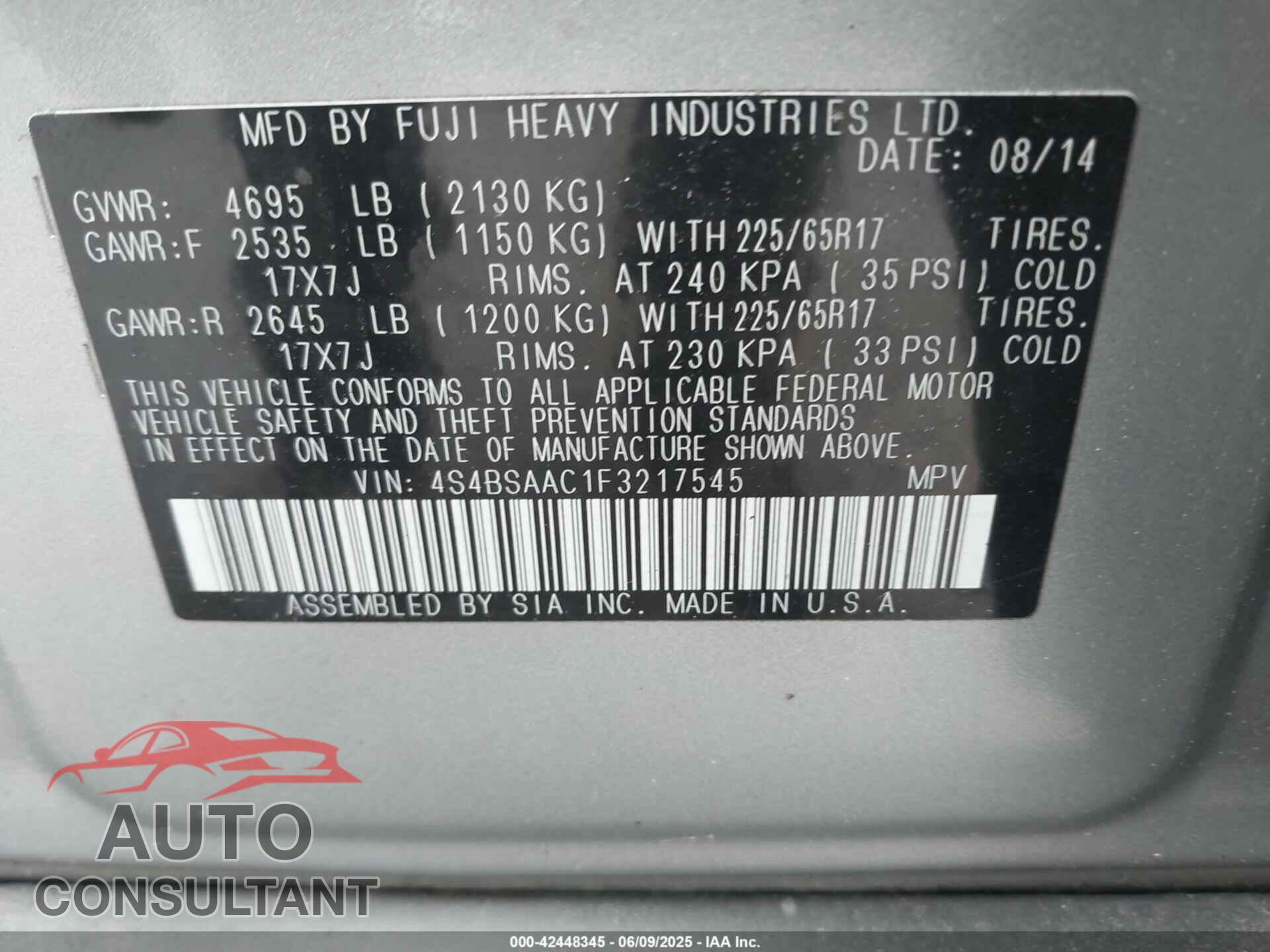 SUBARU OUTBACK 2015 - 4S4BSAAC1F3217545