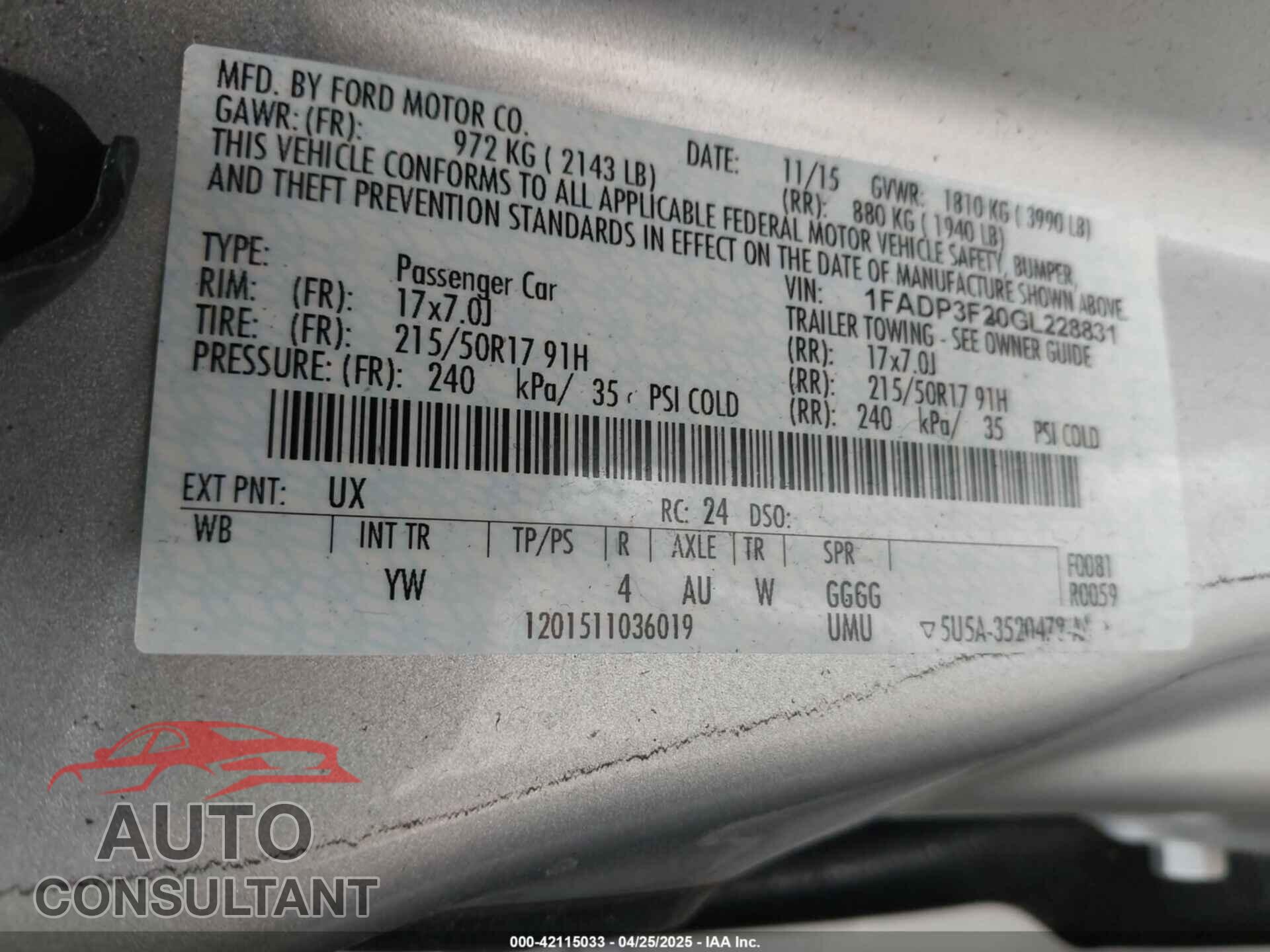 FORD FOCUS 2016 - 1FADP3F20GL228831