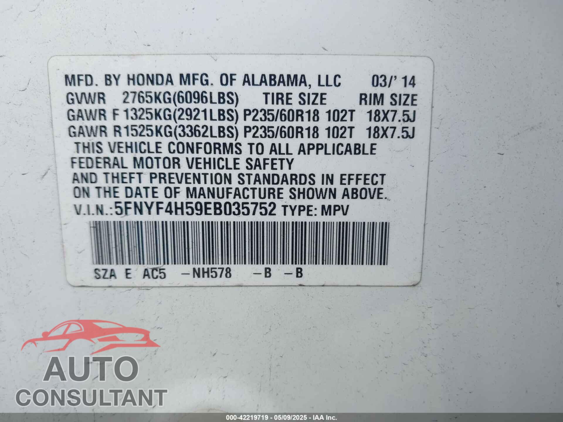 HONDA PILOT 2014 - 5FNYF4H59EB035752