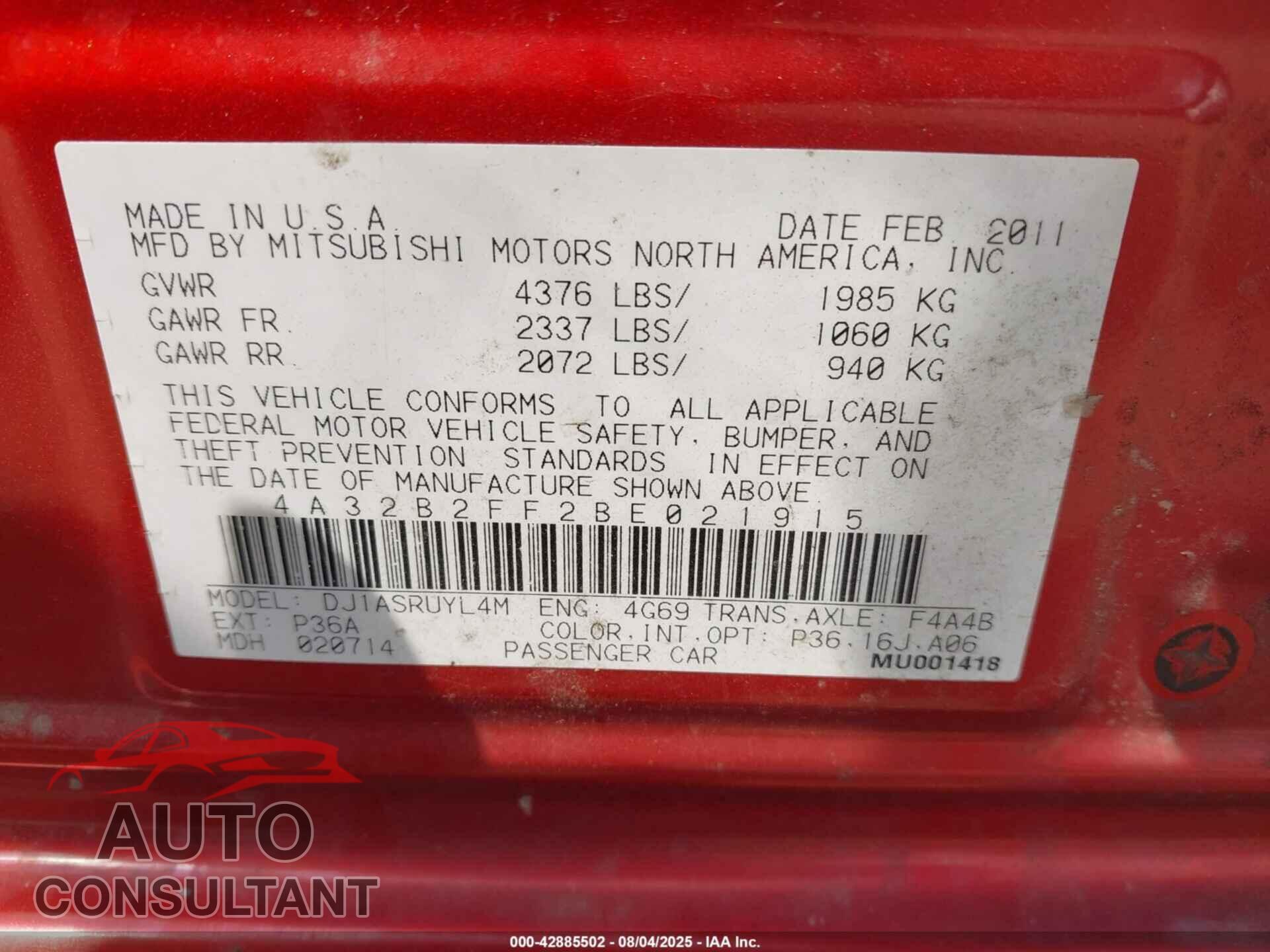 MITSUBISHI GALANT 2011 - 4A32B2FF2BE021915