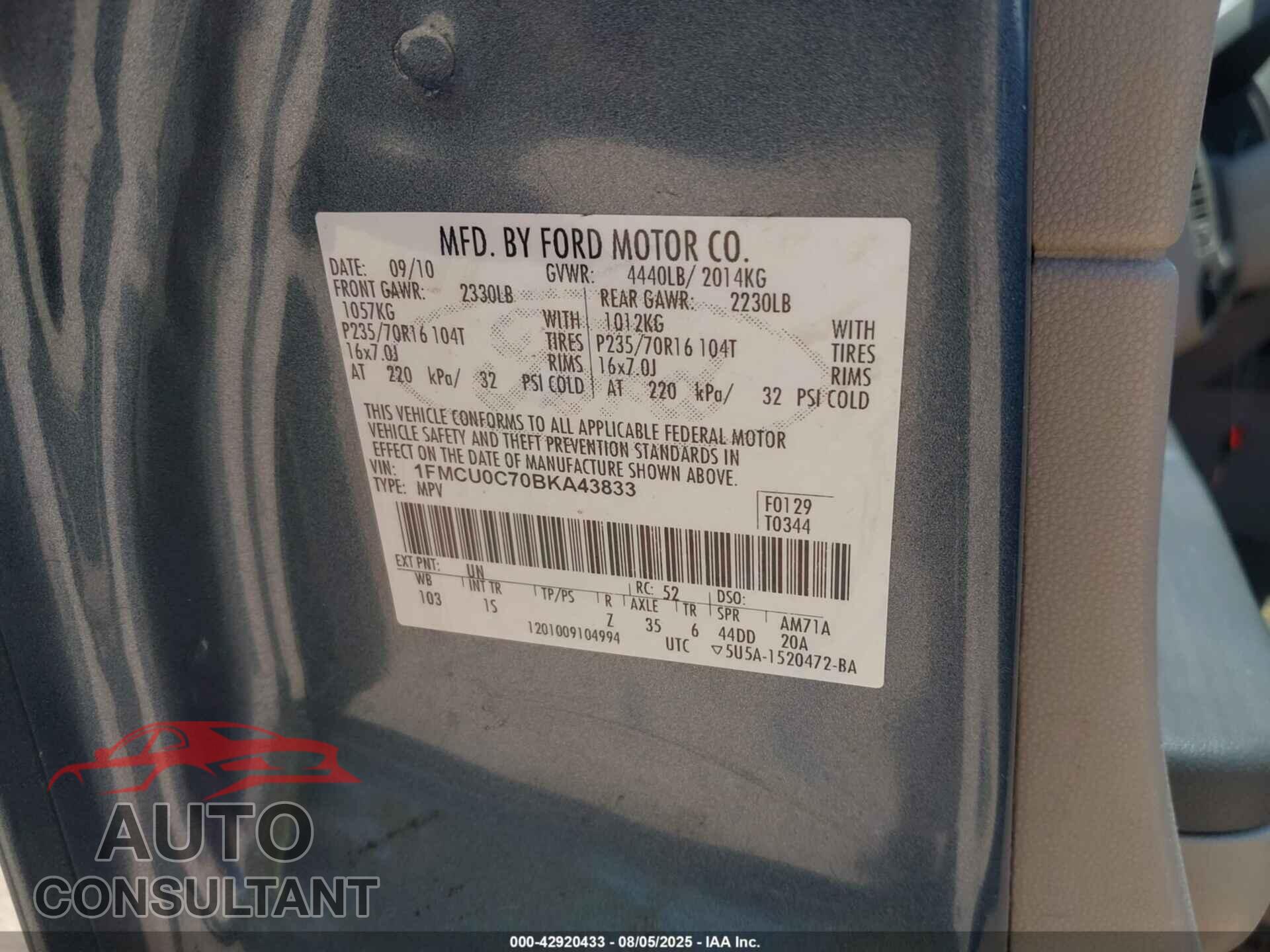 FORD ESCAPE 2011 - 1FMCU0C70BKA43833