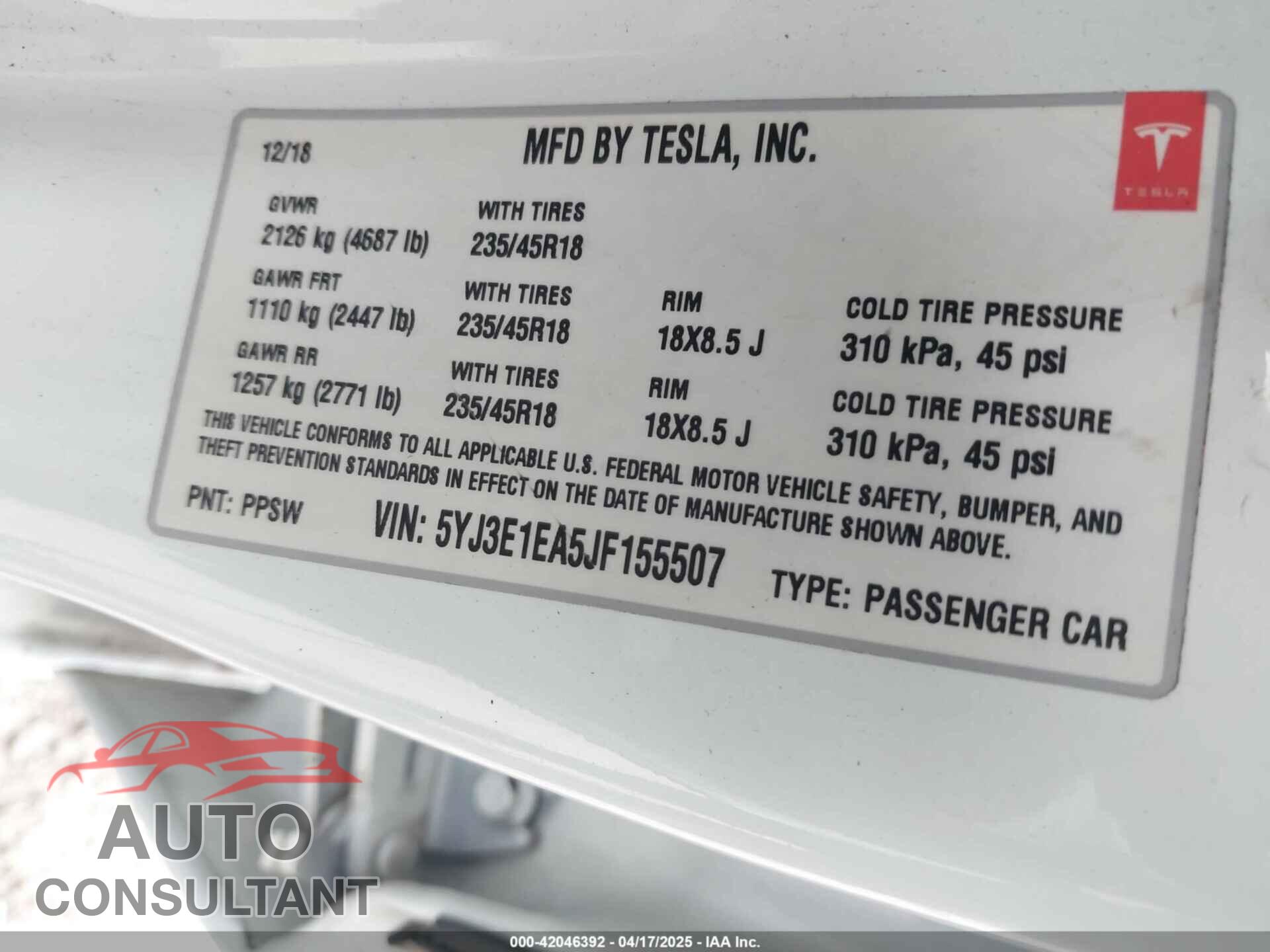 TESLA MODEL 3 2018 - 5YJ3E1EA5JF155507