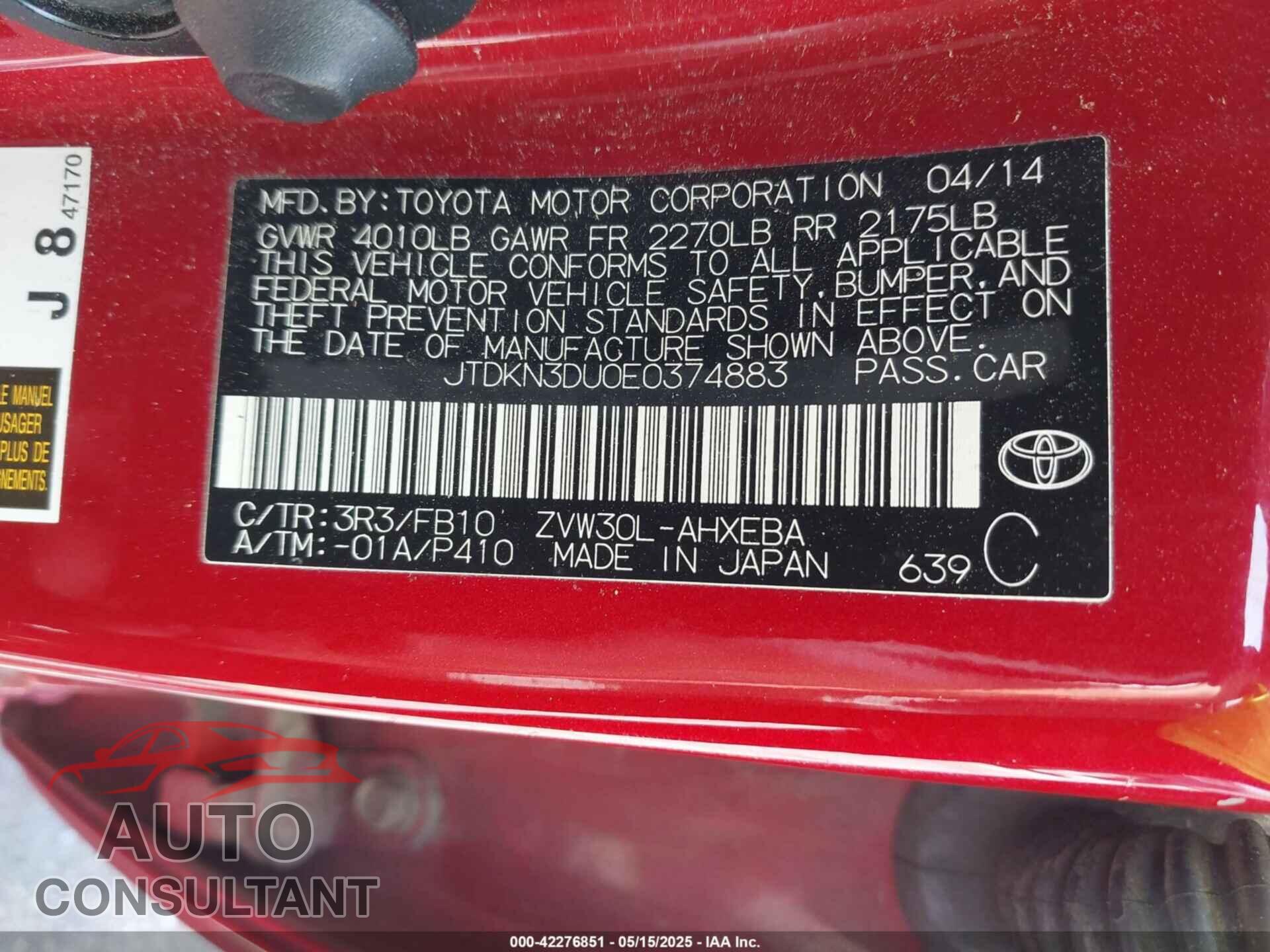 TOYOTA PRIUS 2014 - JTDKN3DU0E0374883