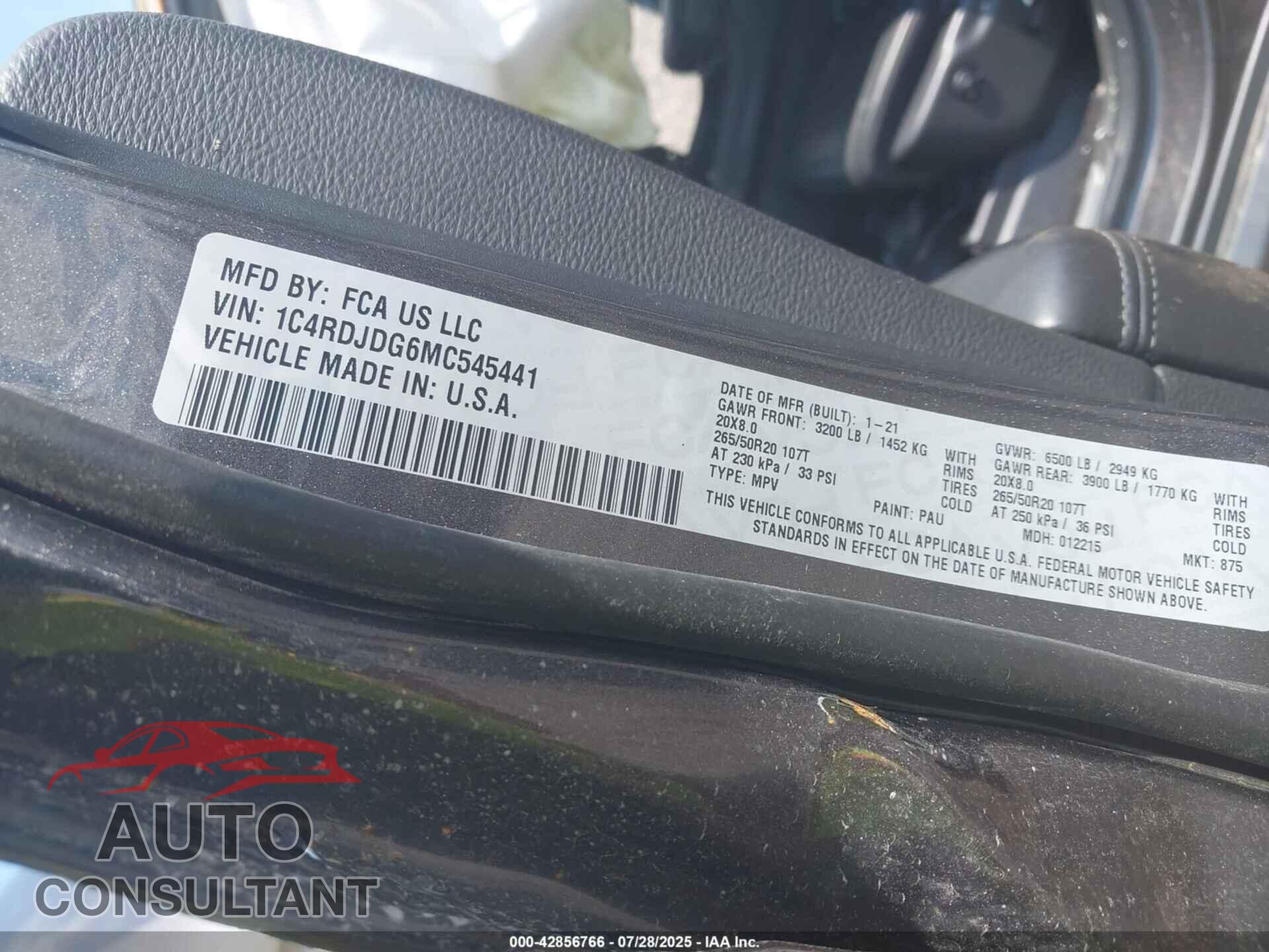 DODGE DURANGO 2021 - 1C4RDJDG6MC545441