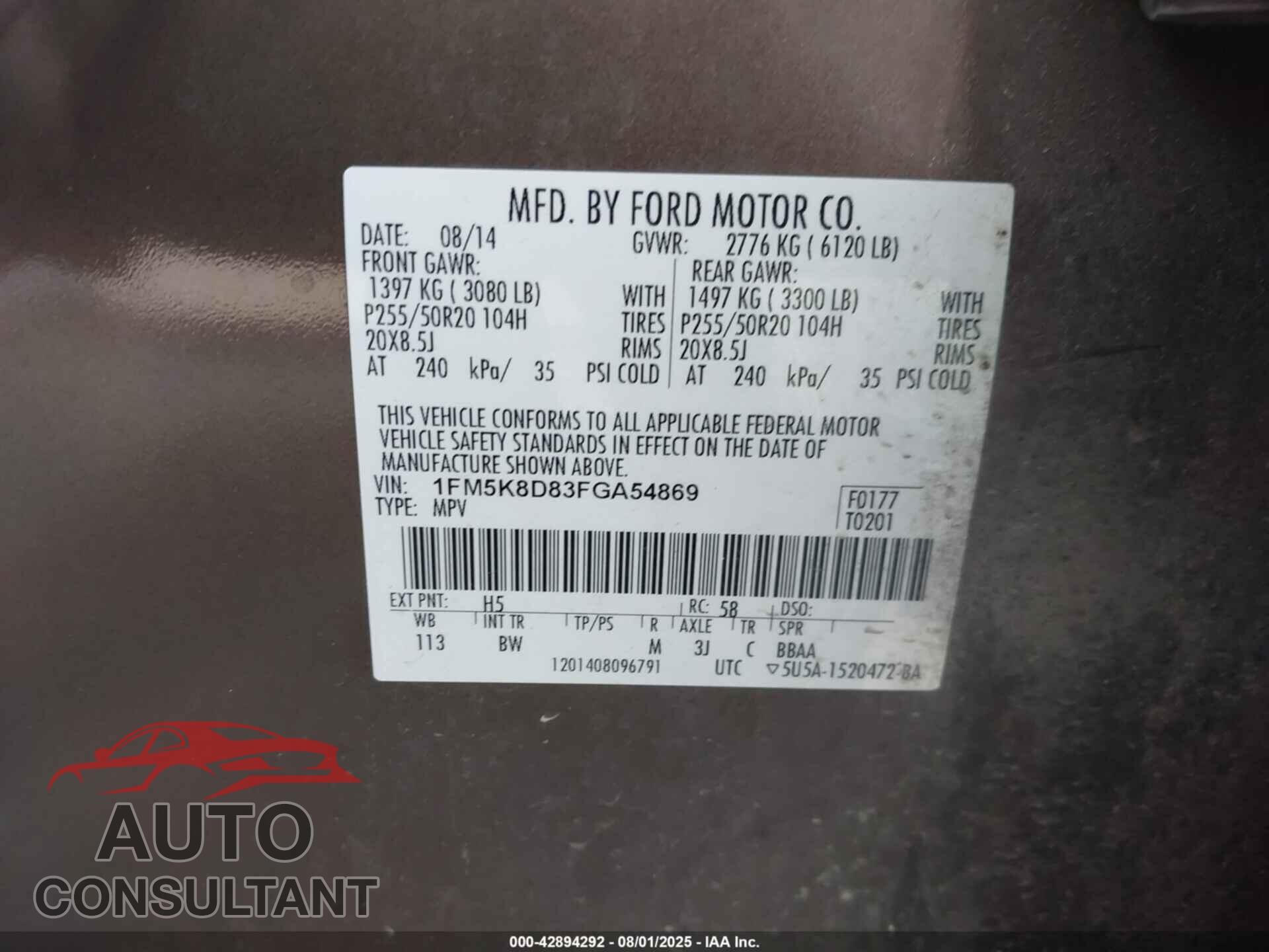 FORD EXPLORER 2015 - 1FM5K8D83FGA54869
