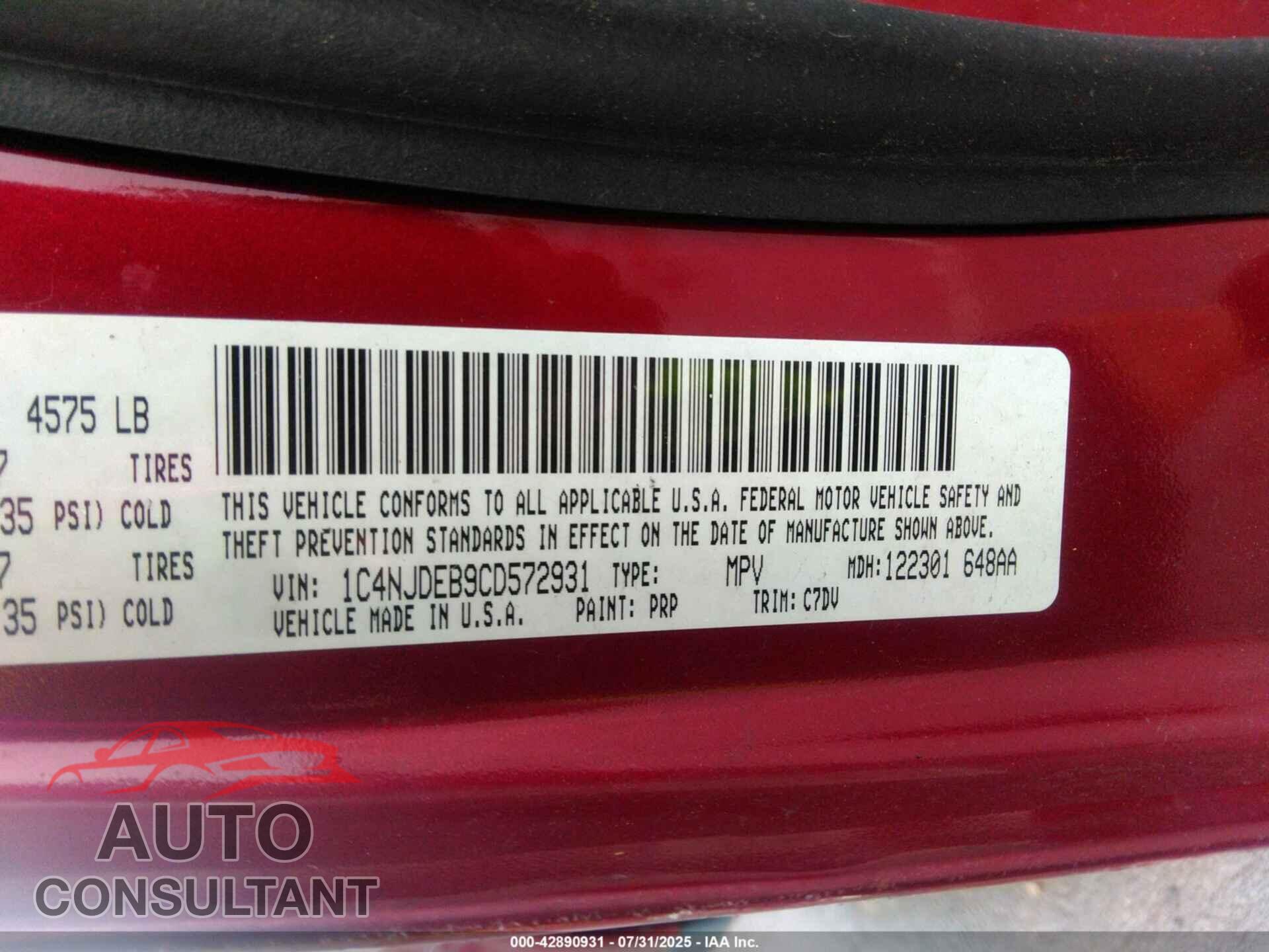 JEEP COMPASS 2012 - 1C4NJDEB9CD572931