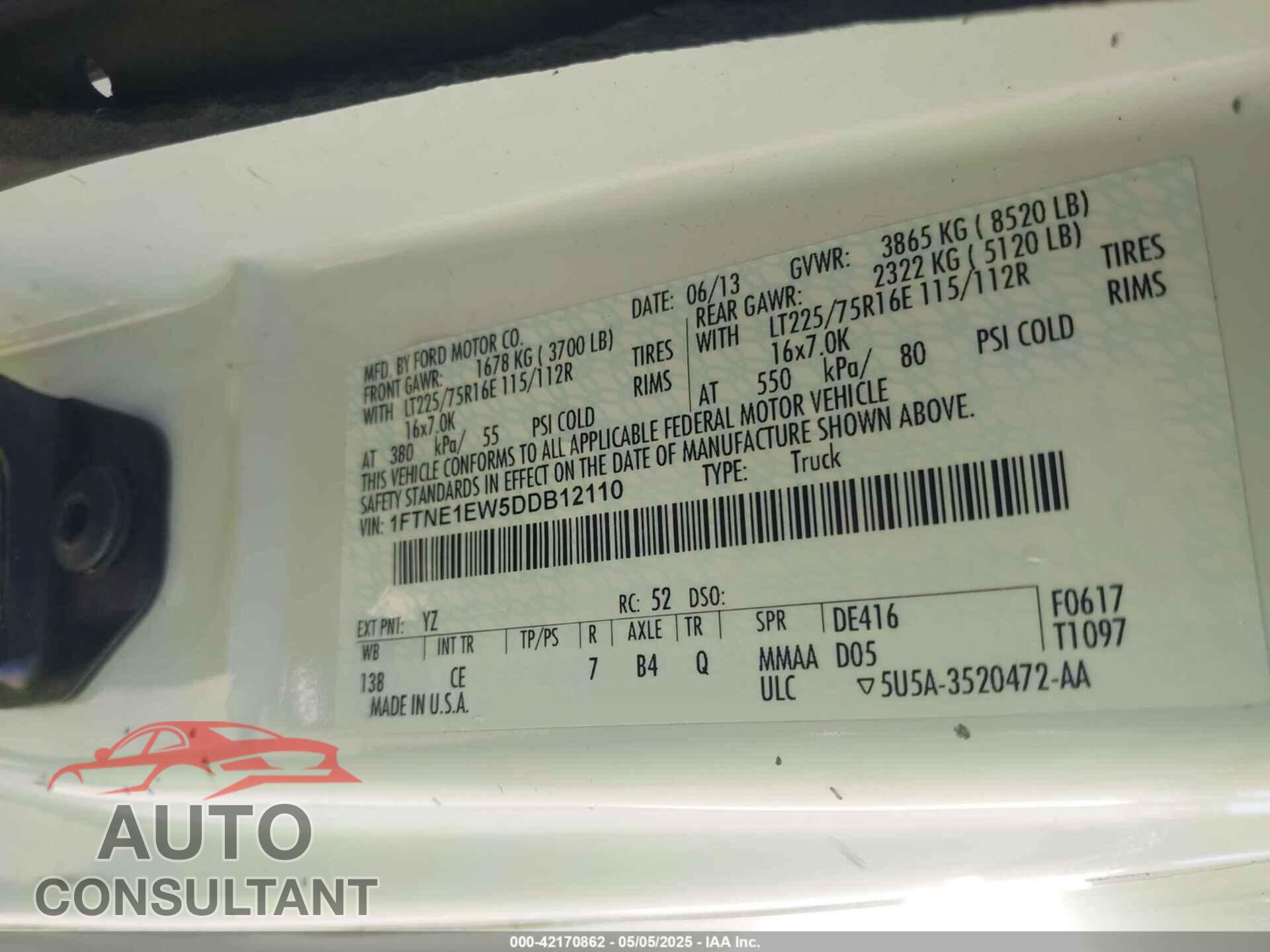 FORD E-150 2013 - 1FTNE1EW5DDB12110