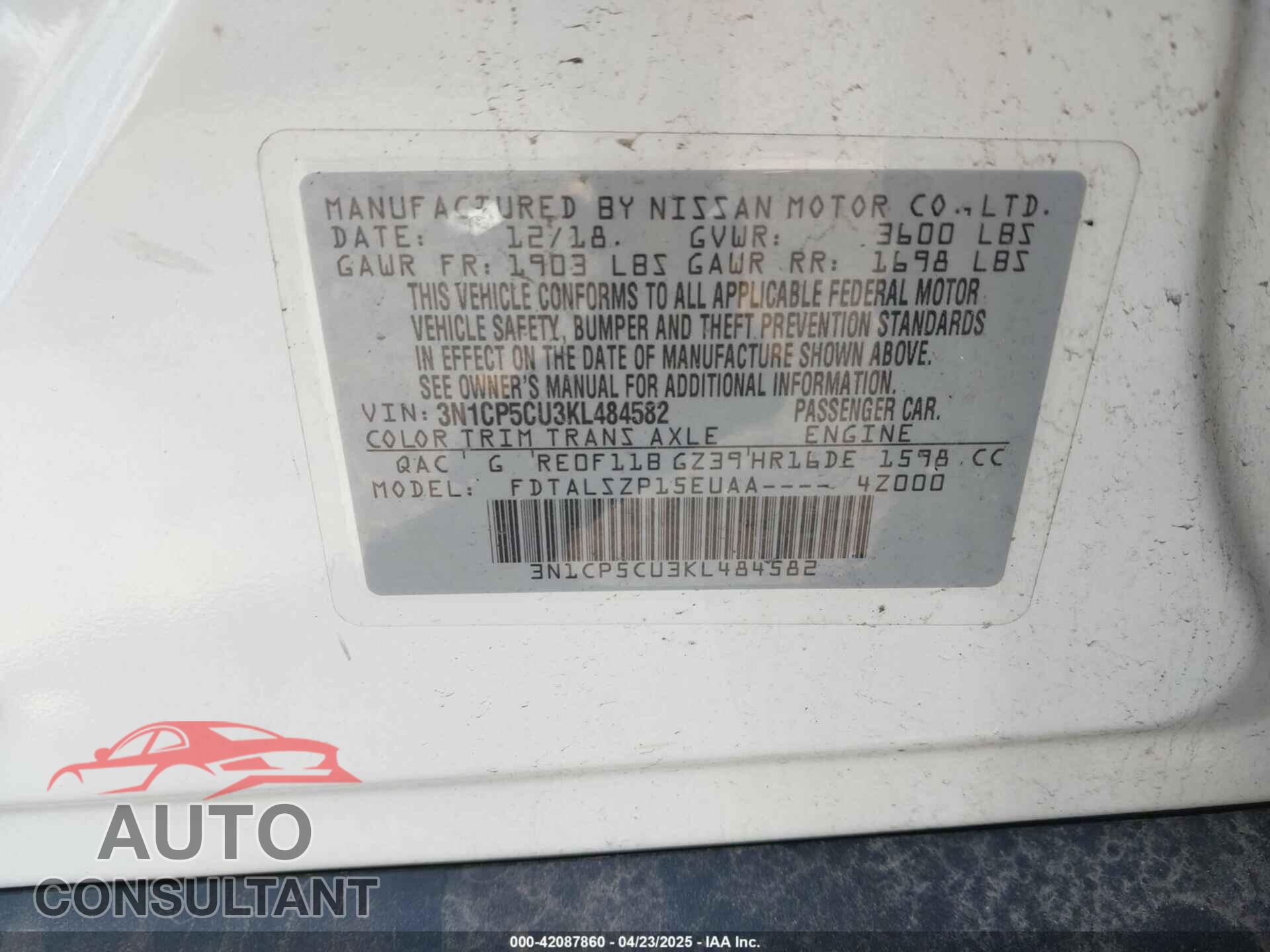NISSAN KICKS 2019 - 3N1CP5CU3KL484582