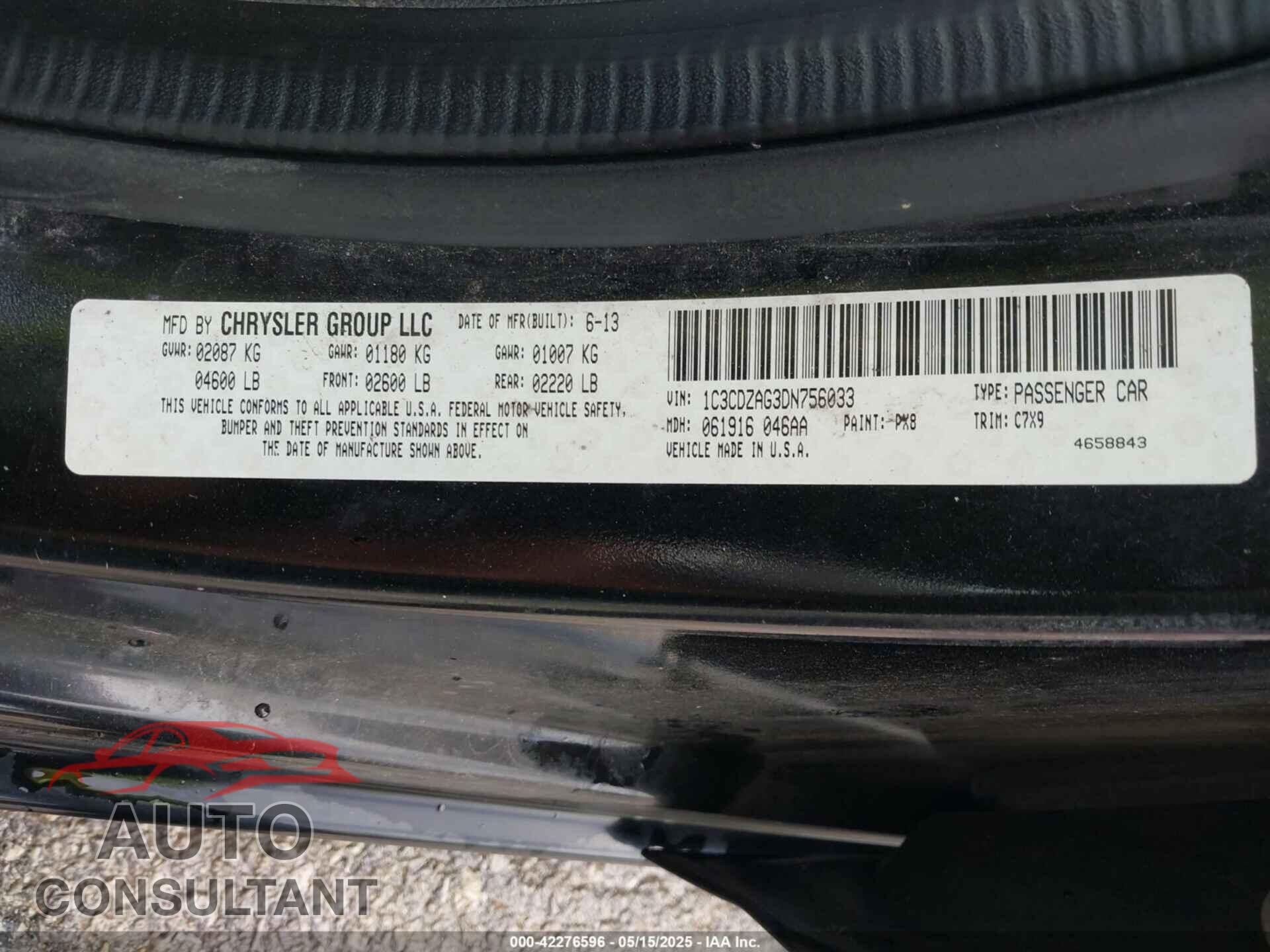 DODGE AVENGER 2013 - 1C3CDZAG3DN756033