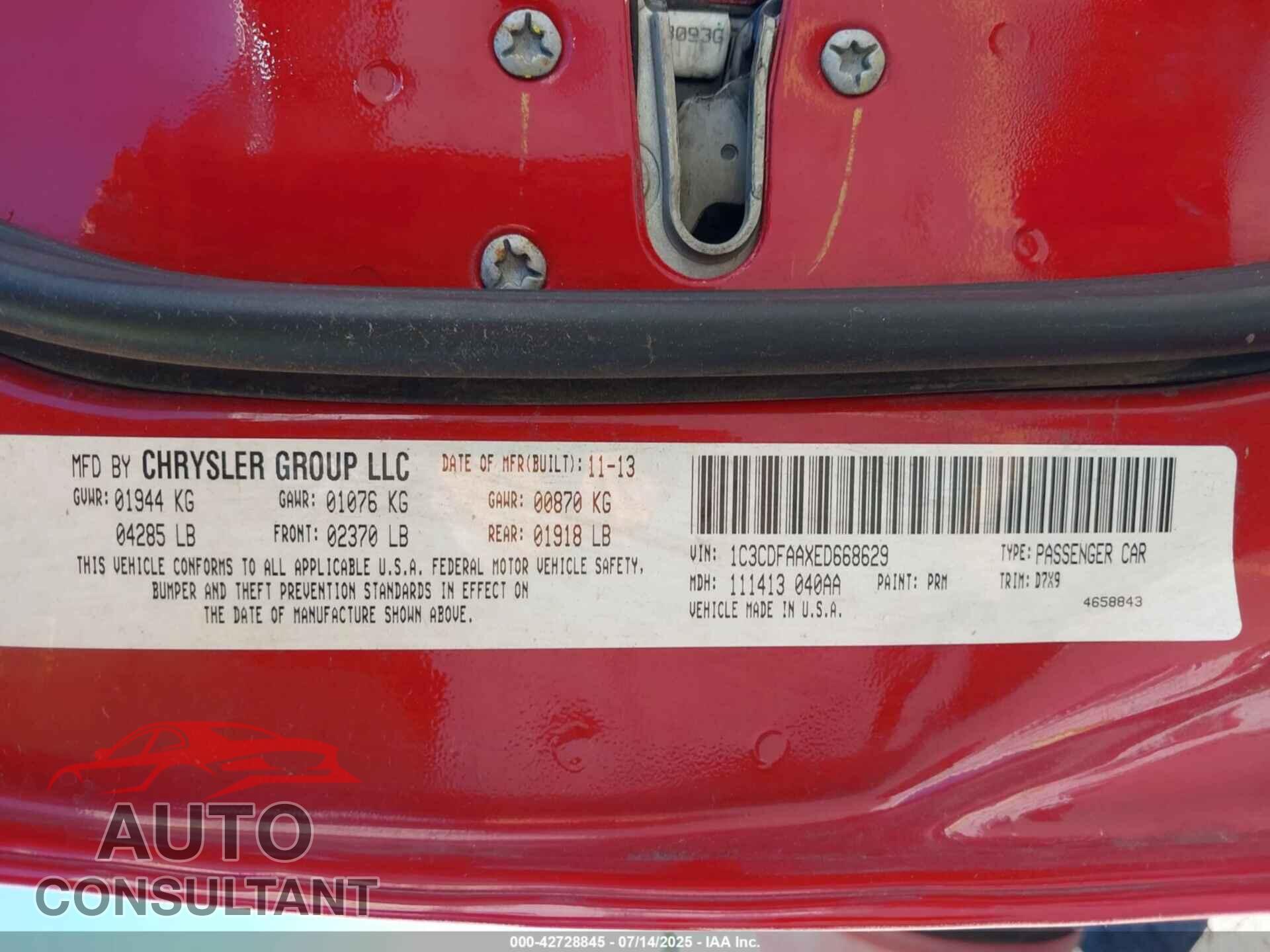 DODGE DART 2014 - 1C3CDFAAXED668629