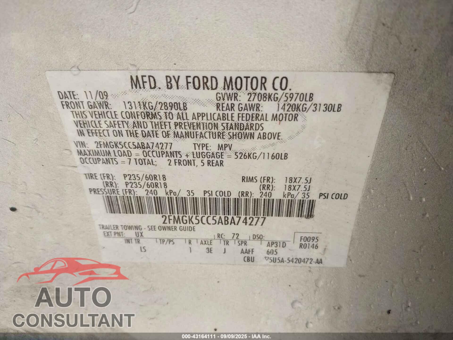 FORD FLEX 2010 - 2FMGK5CC5ABA74277