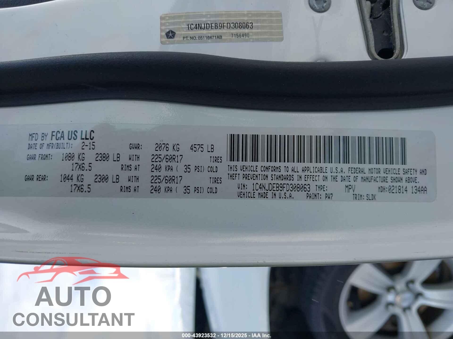 JEEP COMPASS 2015 - 1C4NJDEB9FD308063
