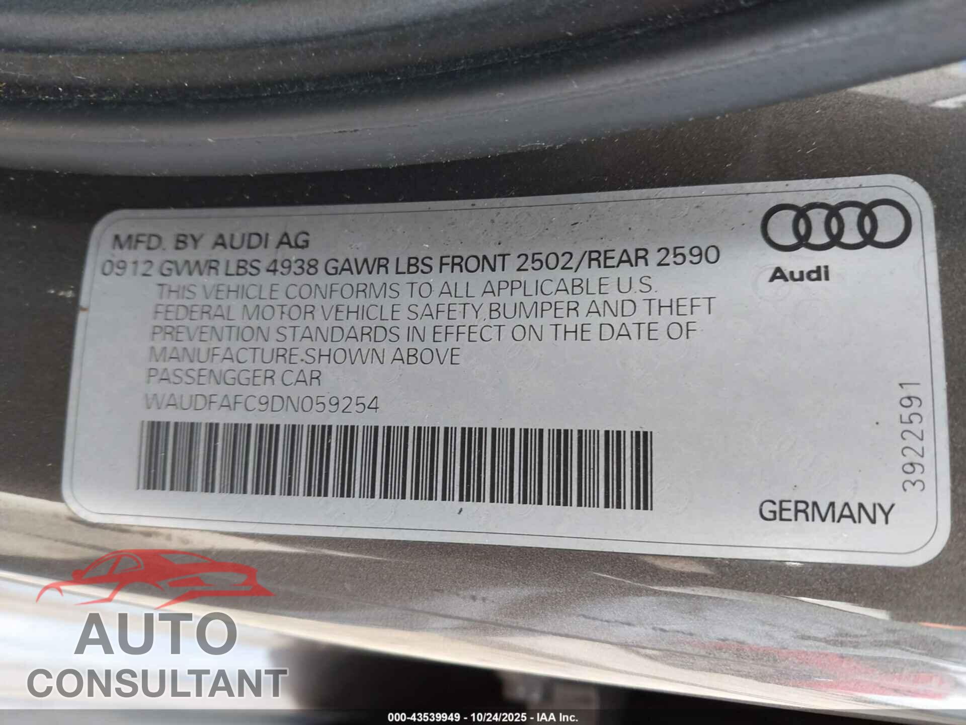 AUDI A6 2013 - WAUDFAFC9DN059254