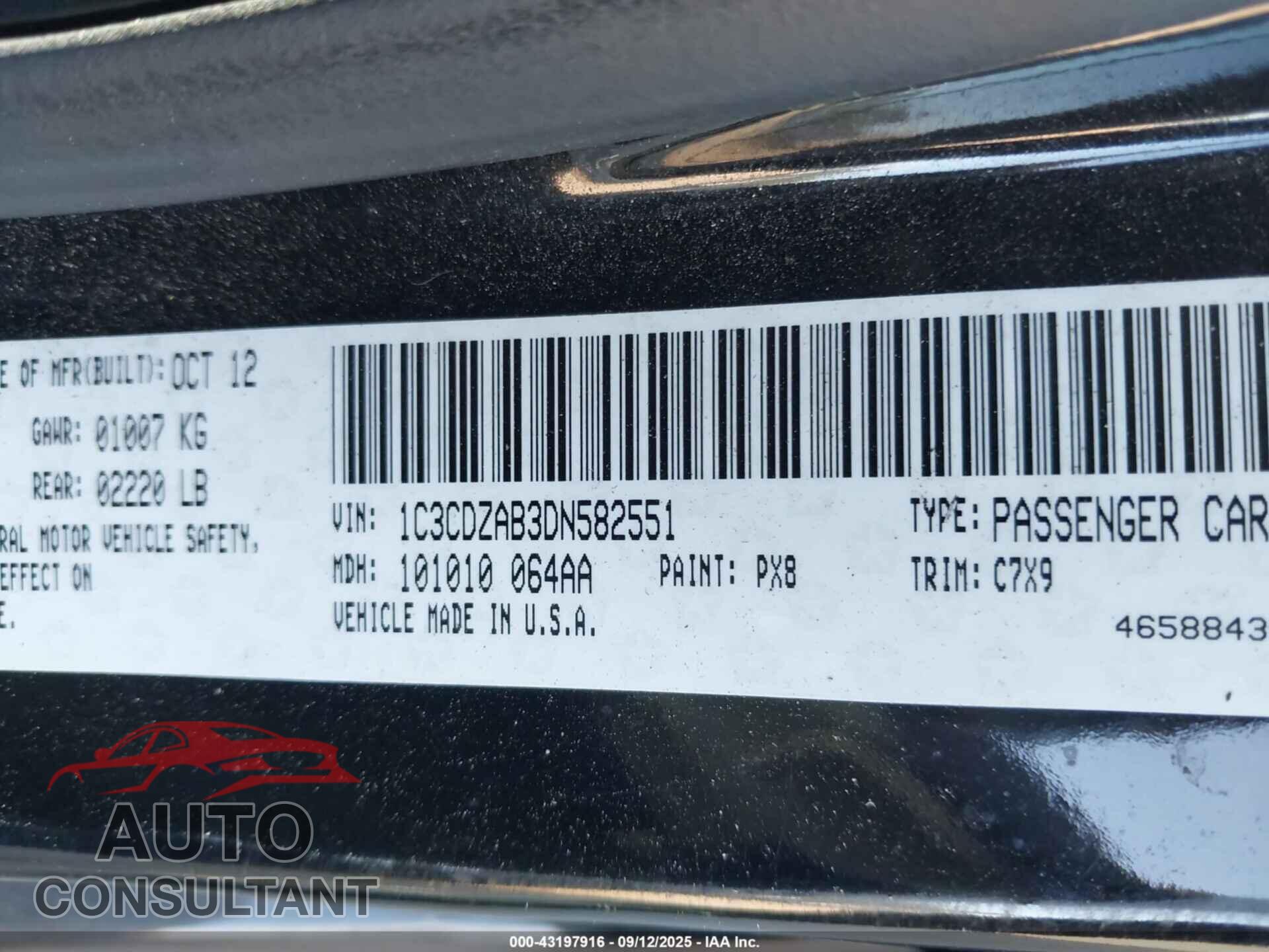 DODGE AVENGER 2013 - 1C3CDZAB3DN582551
