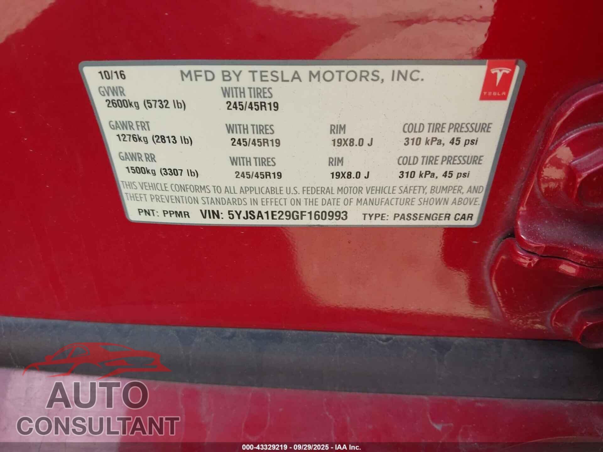 TESLA MODEL S 2016 - 5YJSA1E29GF160993