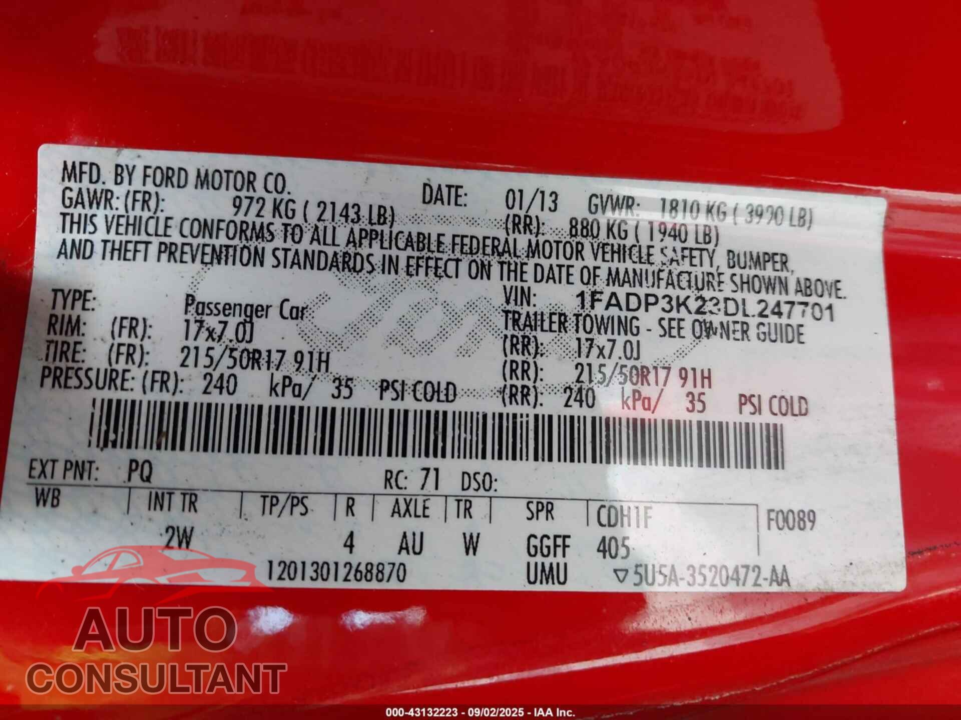 FORD FOCUS 2013 - 1FADP3K23DL247701