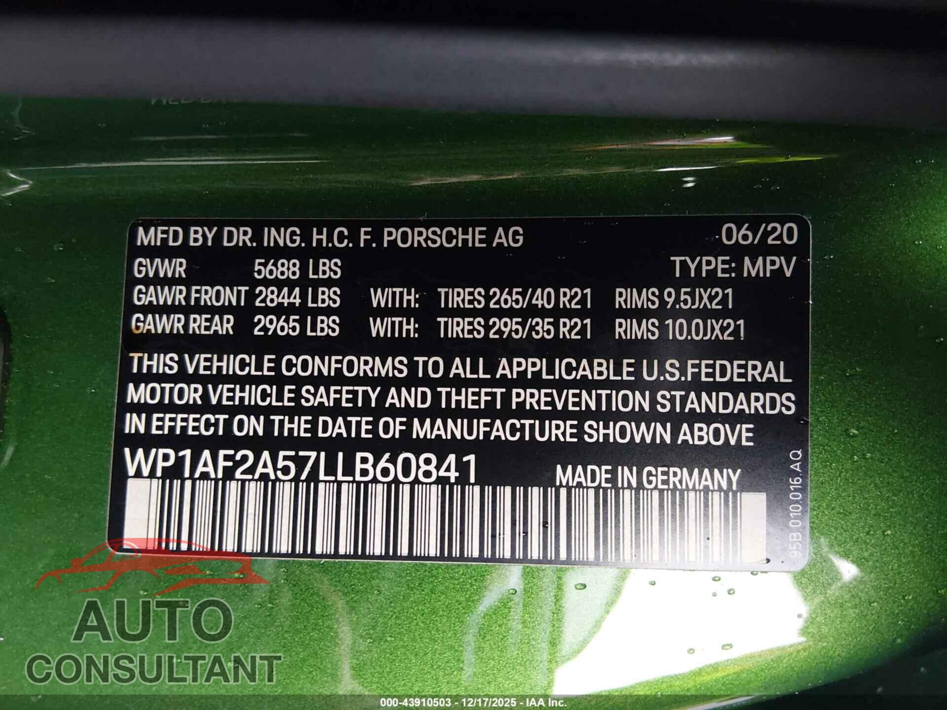 PORSCHE MACAN 2020 - WP1AF2A57LLB60841