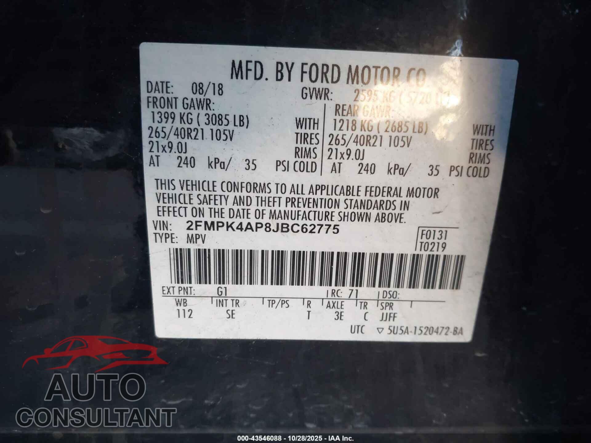 FORD EDGE 2018 - 2FMPK4AP8JBC62775