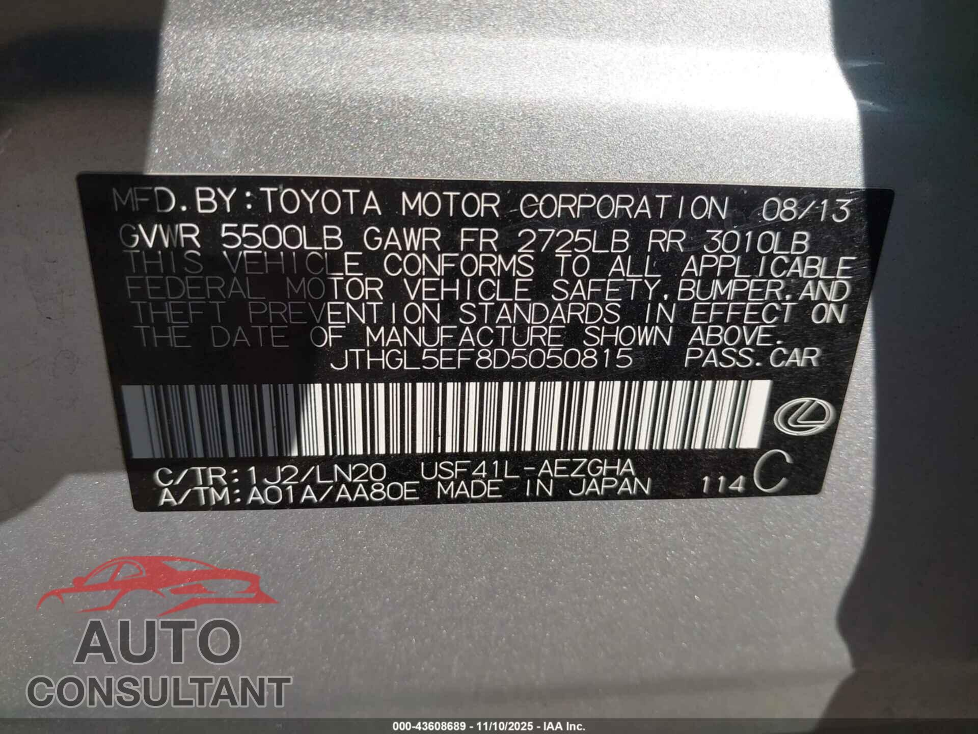 LEXUS LS 460 2013 - JTHGL5EF8D5050815