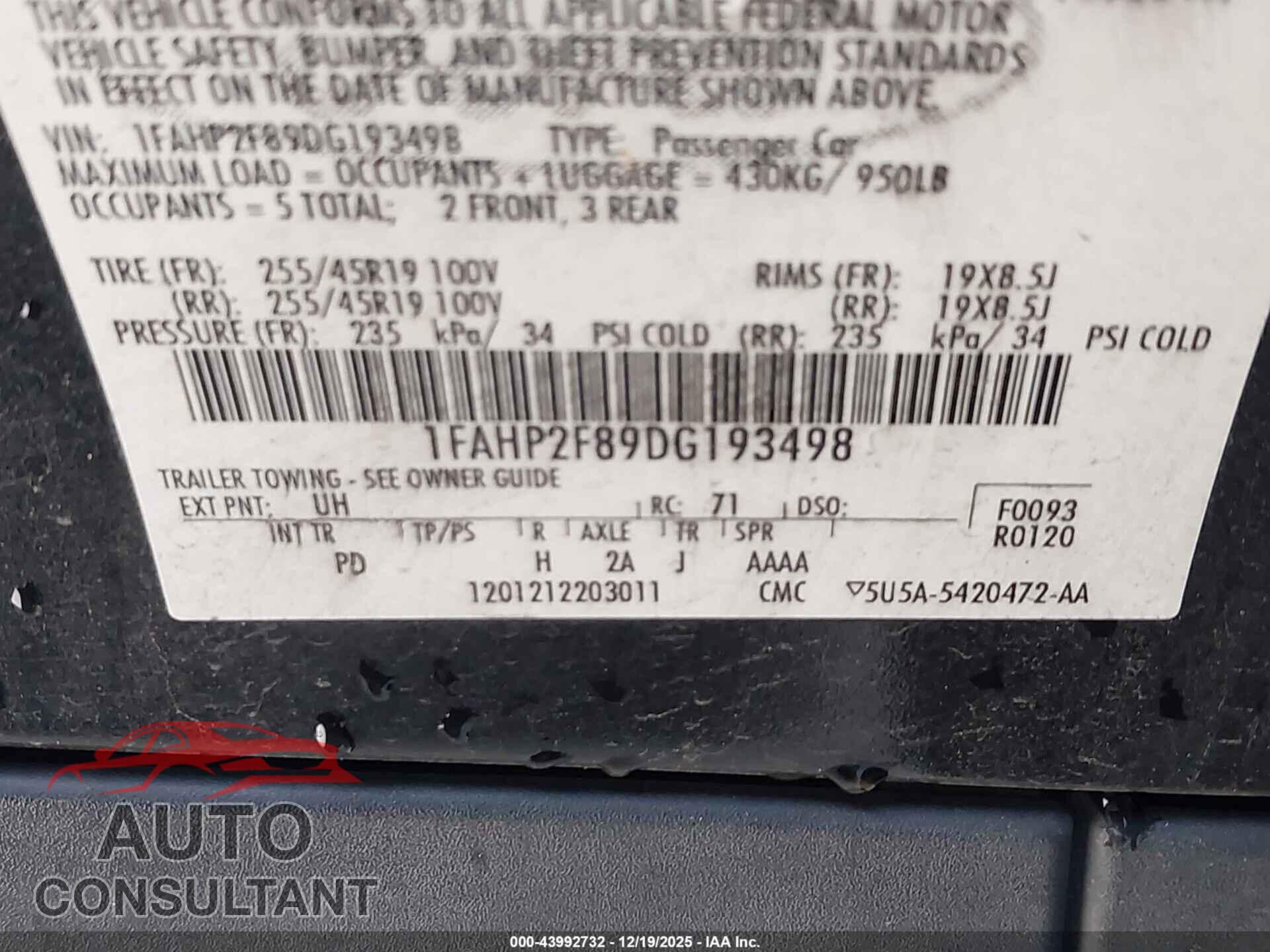 FORD TAURUS 2013 - 1FAHP2F89DG193498