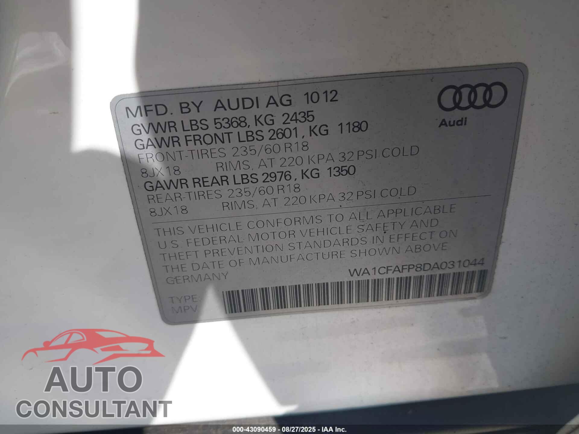 AUDI Q5 2013 - WA1CFAFP8DA031044