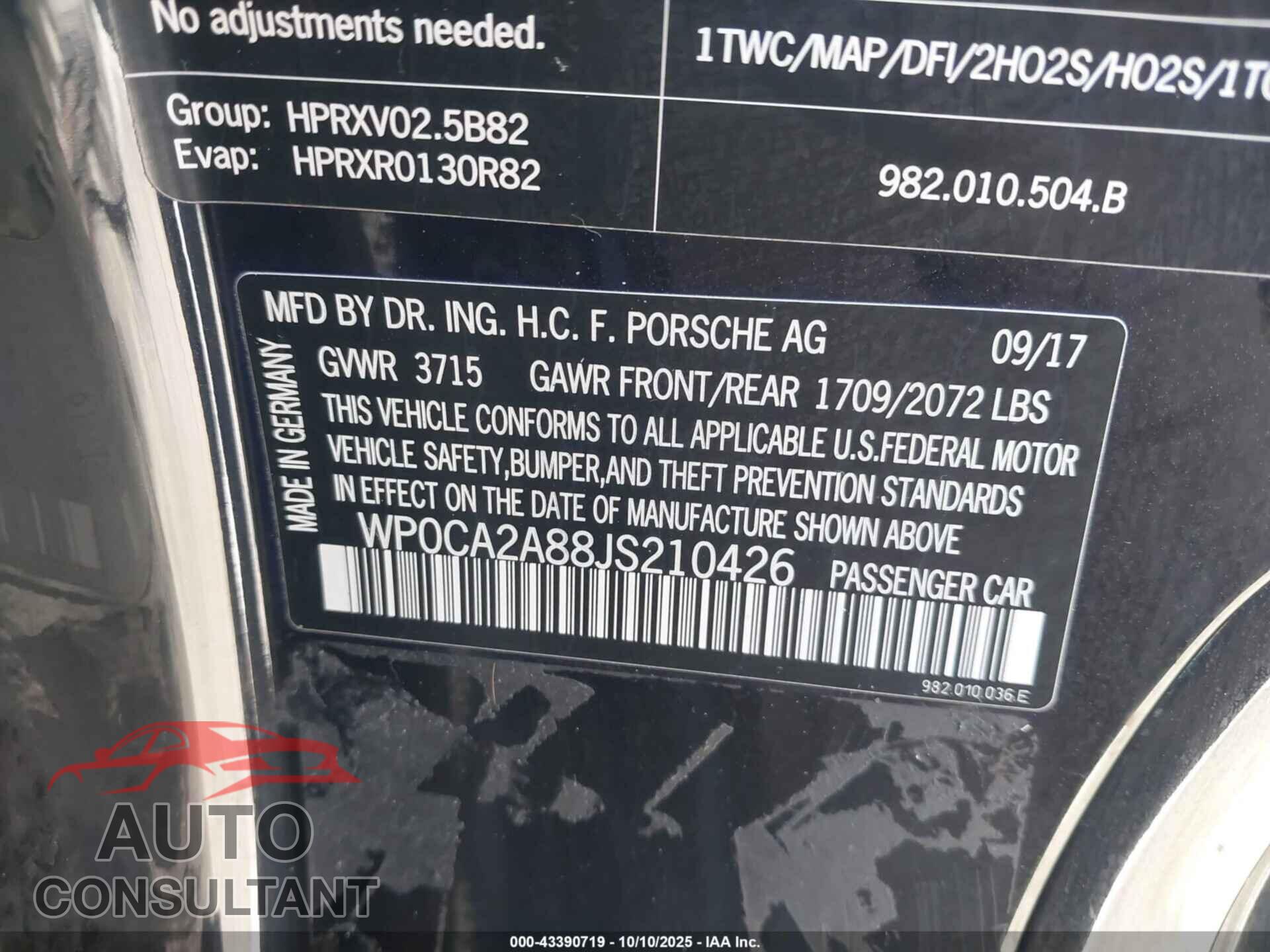 PORSCHE 718 BOXSTER 2018 - WP0CA2A88JS210426