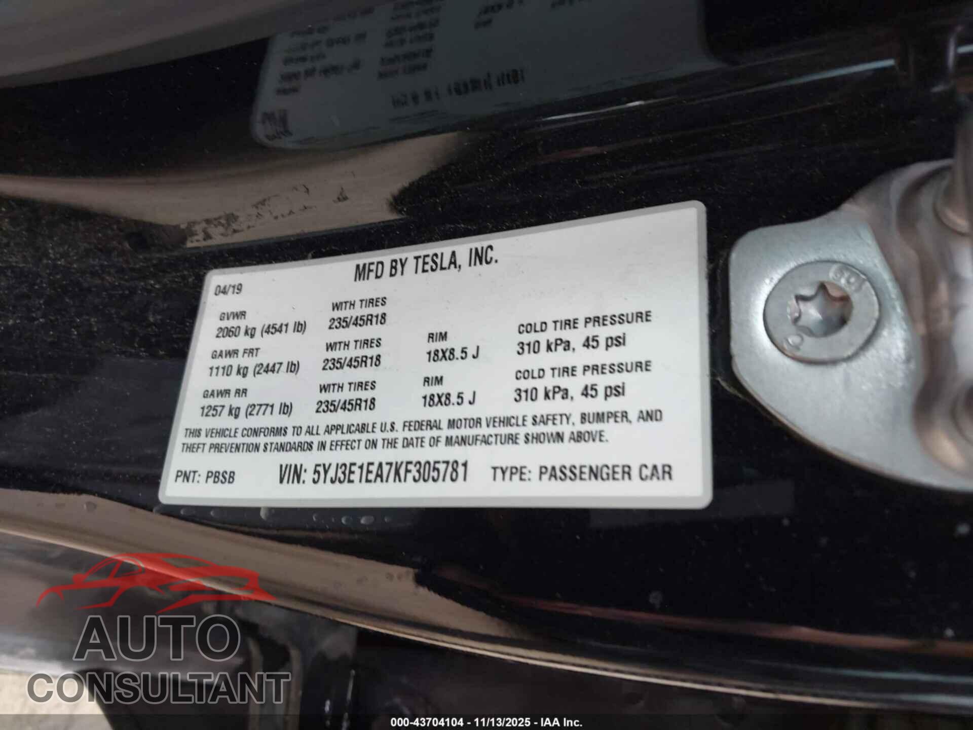 TESLA MODEL 3 2019 - 5YJ3E1EA7KF305781