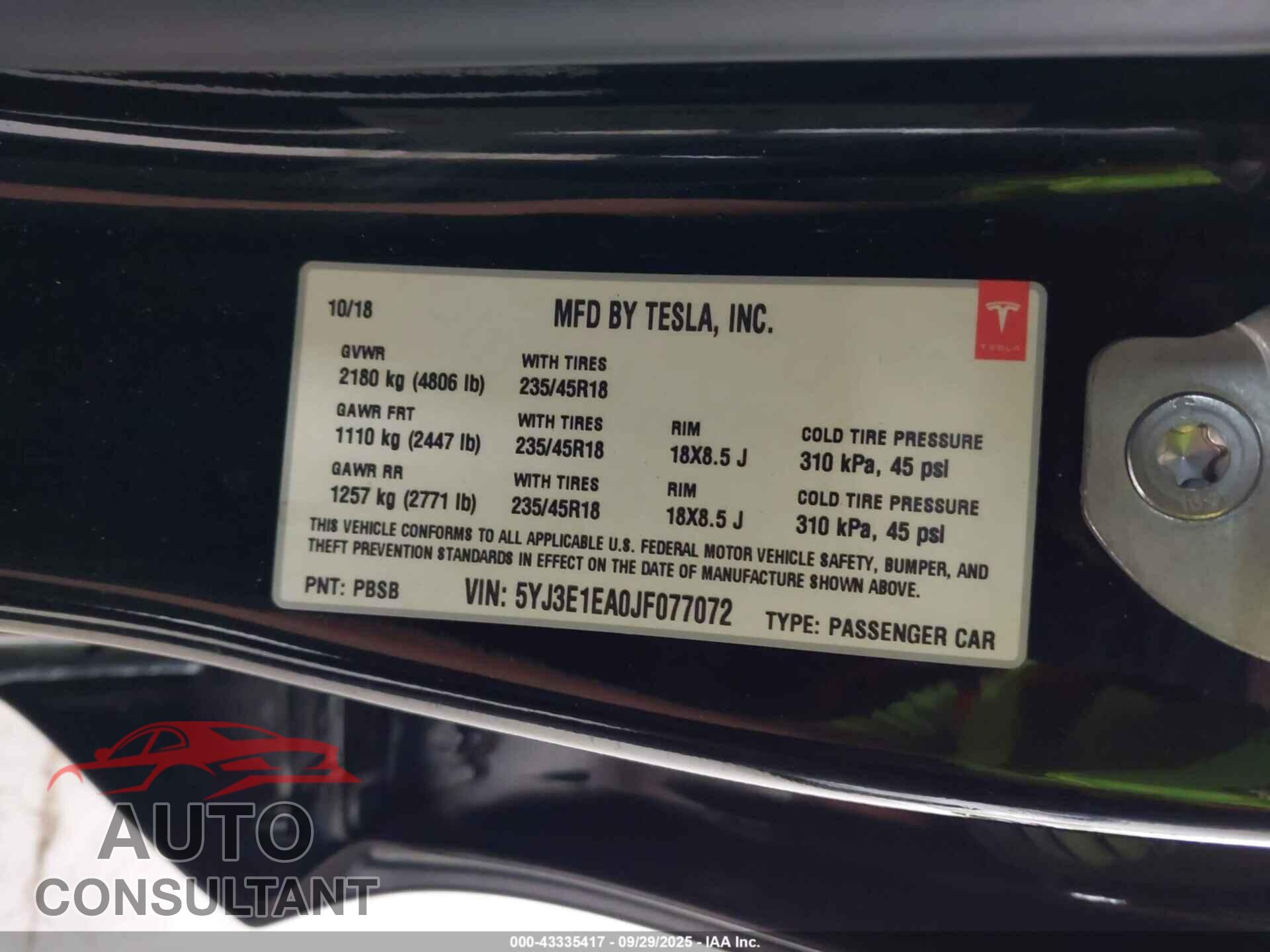 TESLA MODEL 3 2018 - 5YJ3E1EA0JF077072