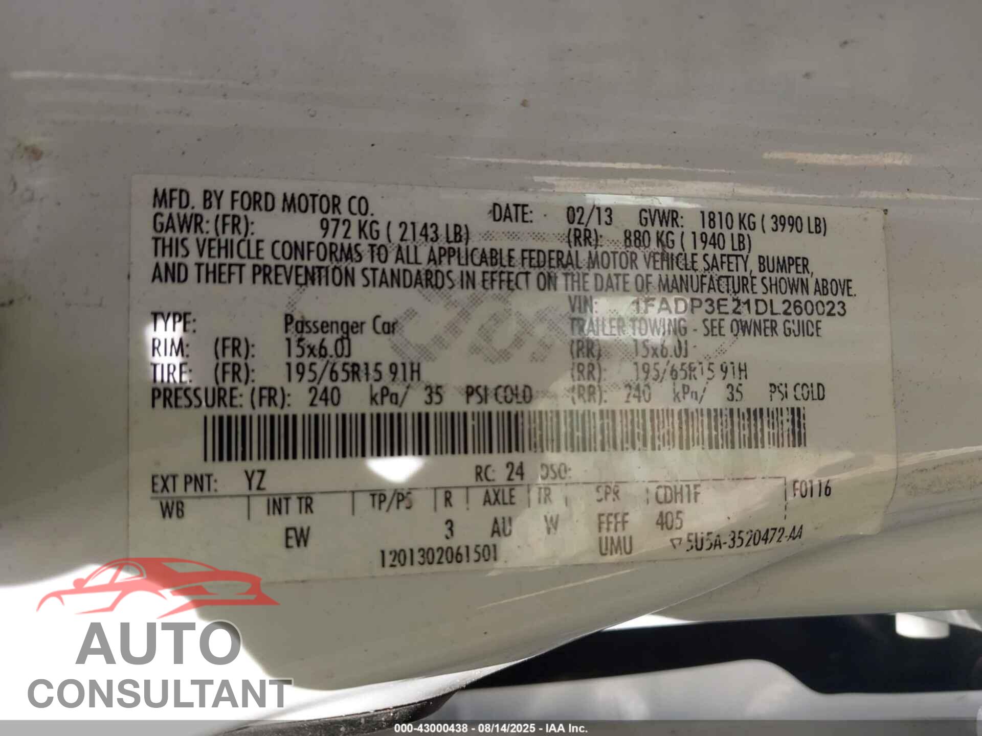 FORD FOCUS 2013 - 1FADP3E21DL260023