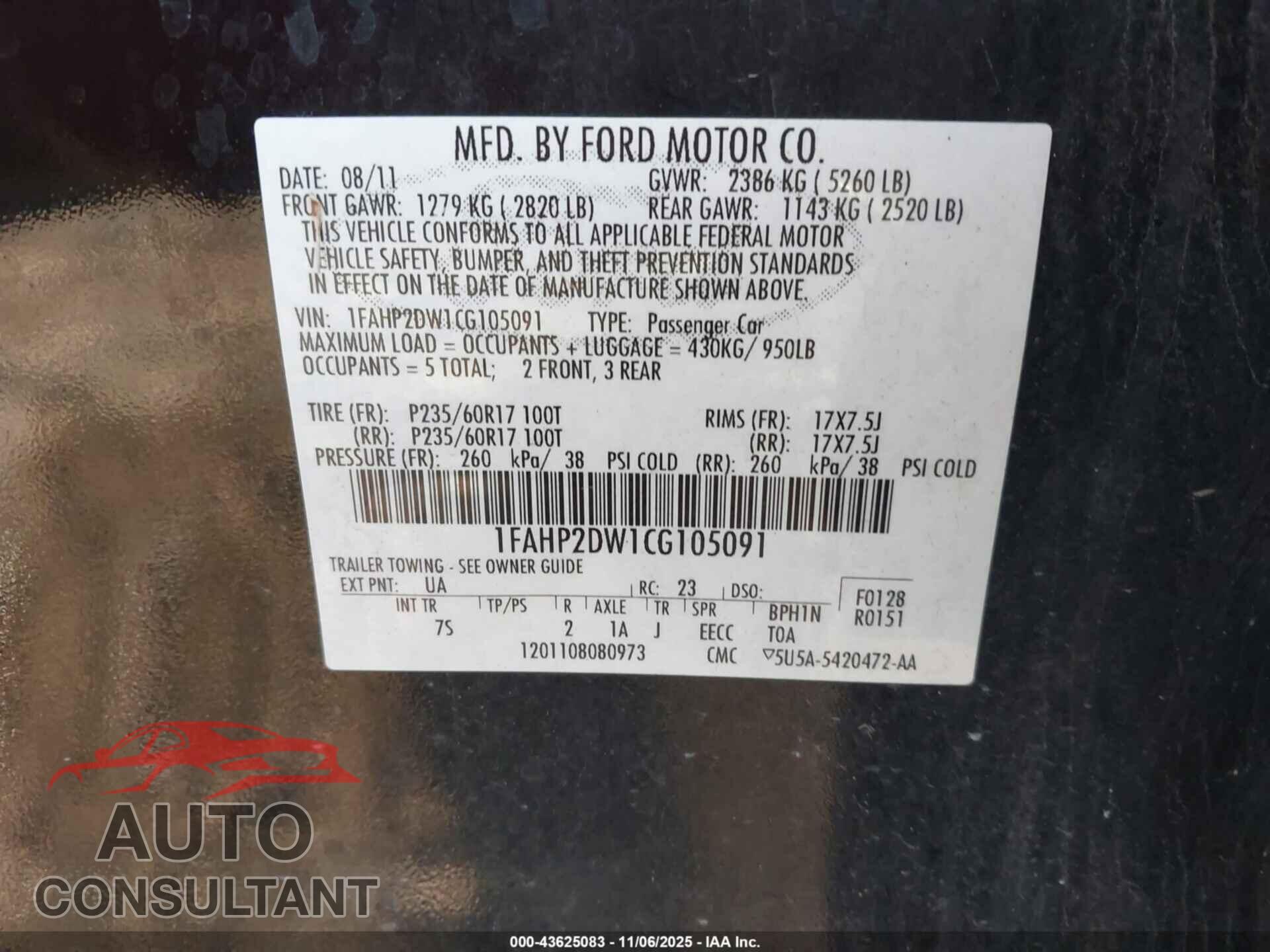 FORD TAURUS 2012 - 1FAHP2DW1CG105091
