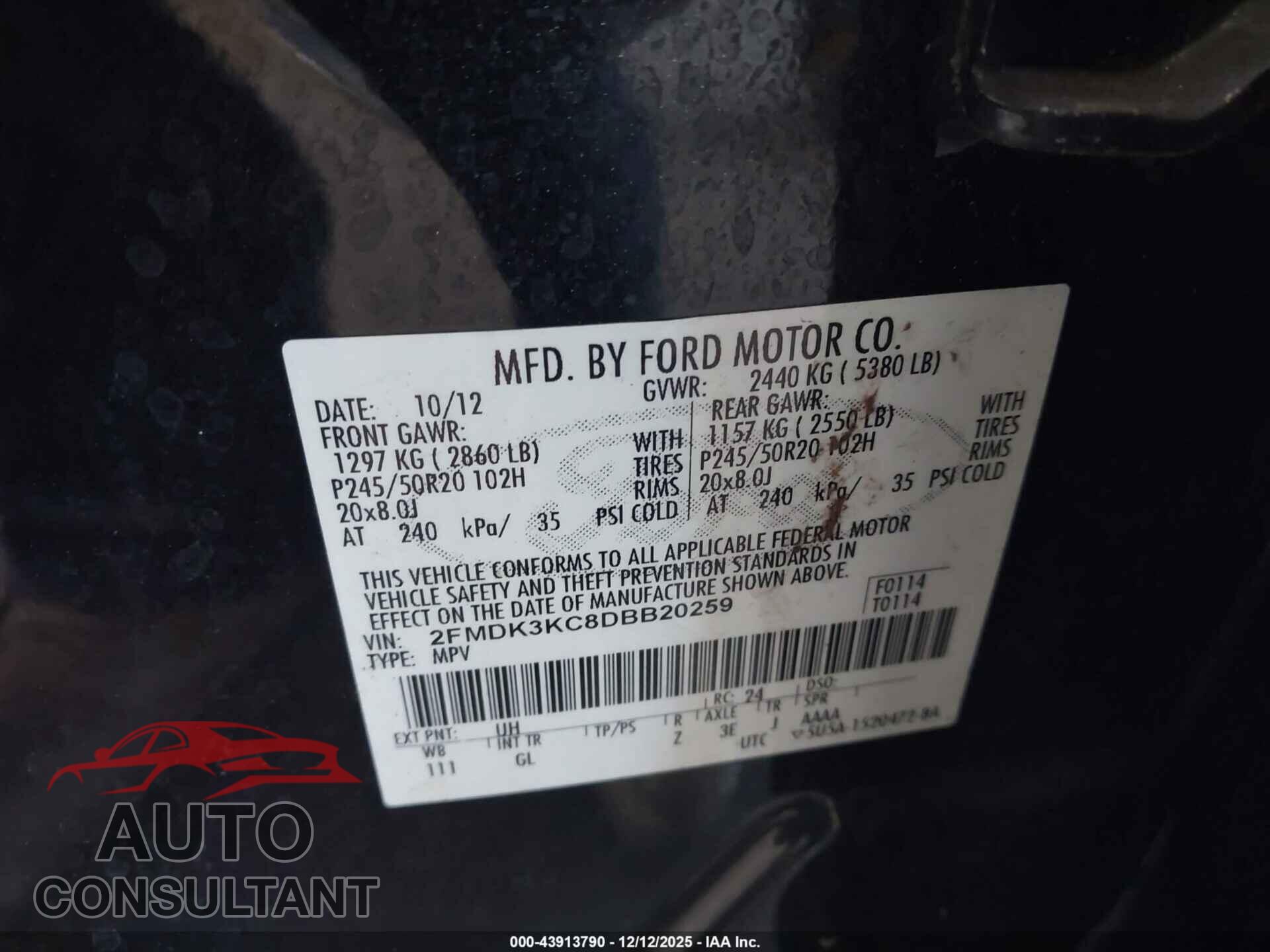 FORD EDGE 2013 - 2FMDK3KC8DBB20259