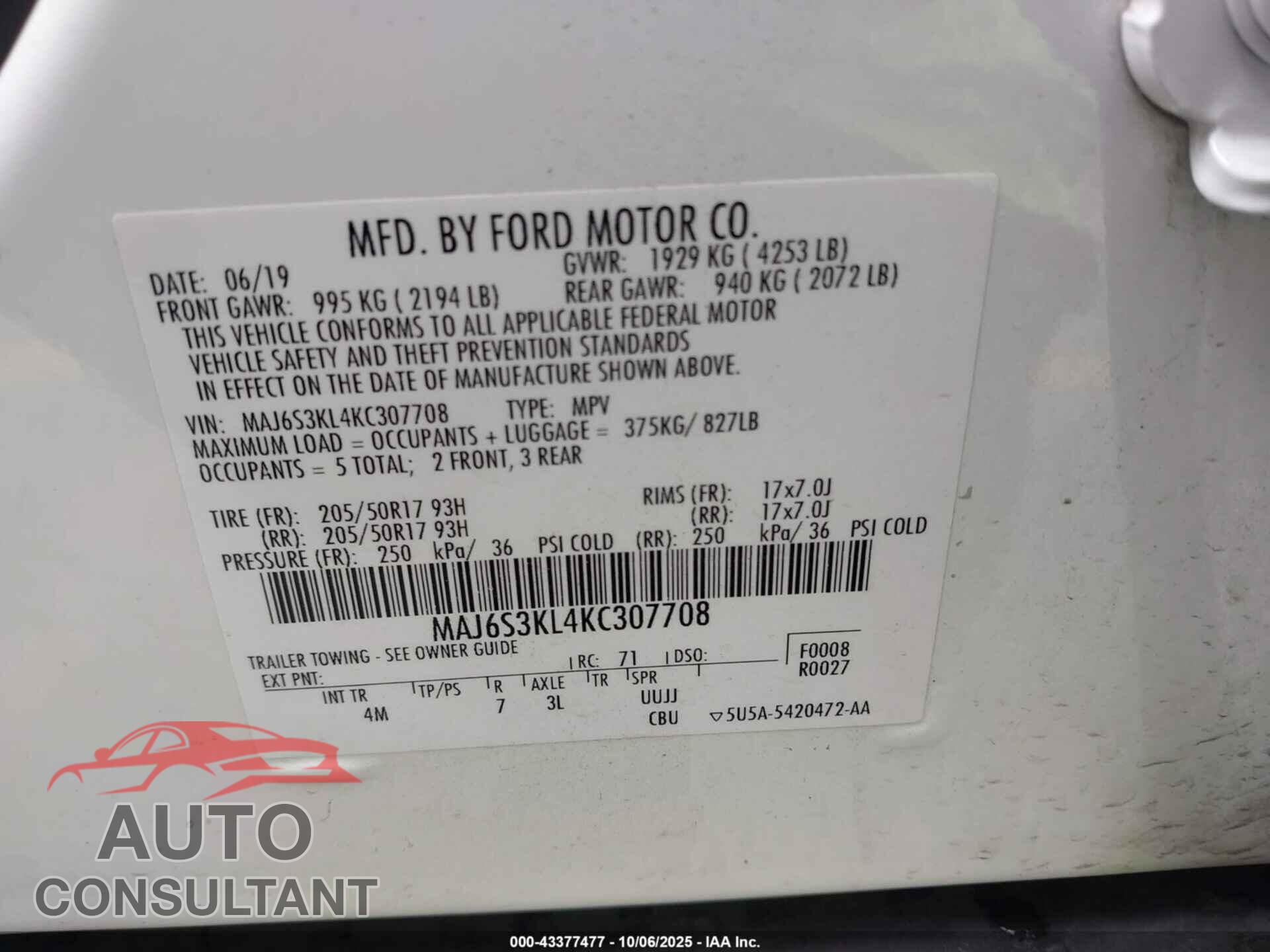 FORD ECOSPORT 2019 - MAJ6S3KL4KC307708