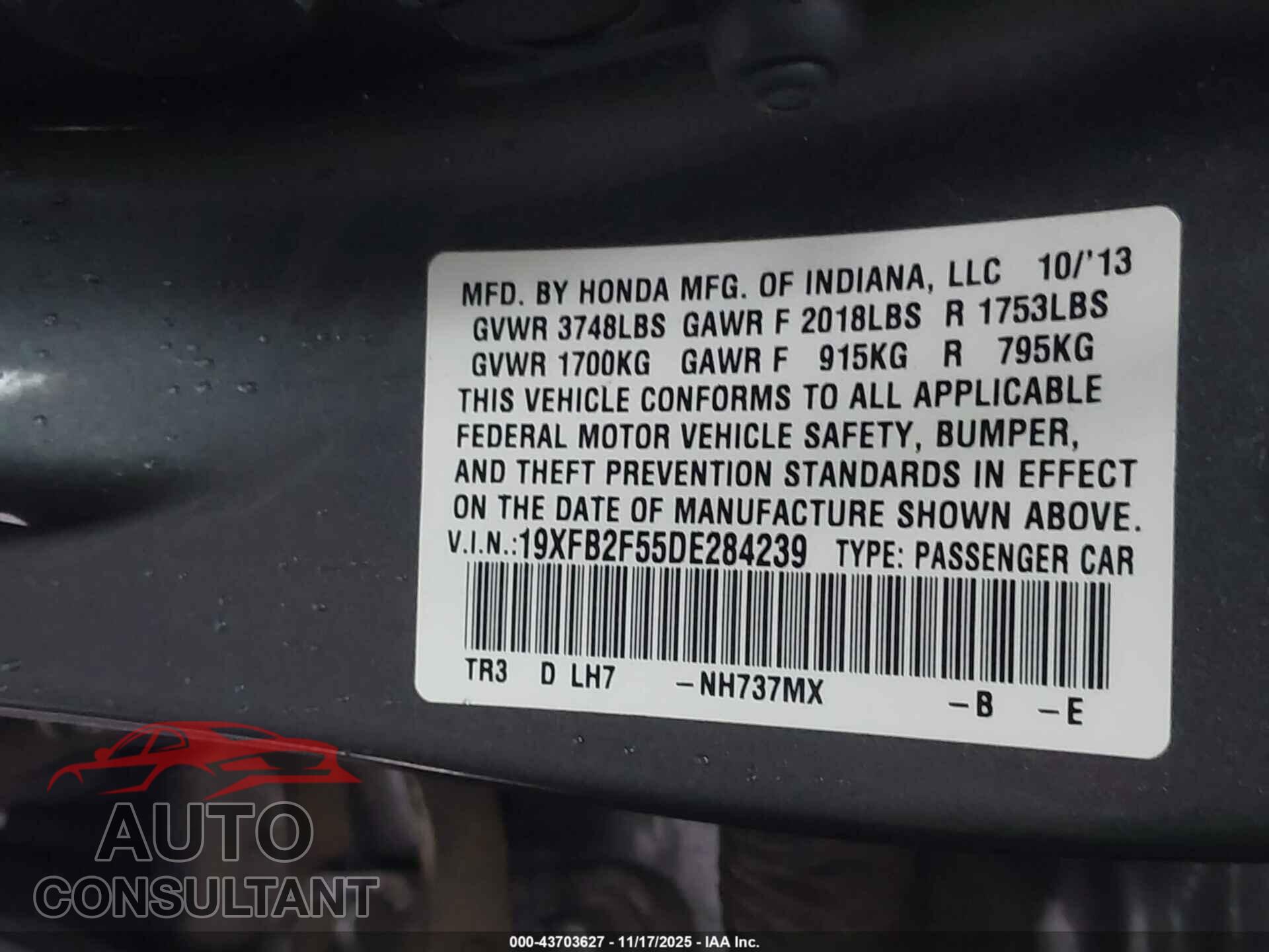 HONDA CIVIC 2013 - 19XFB2F55DE284239