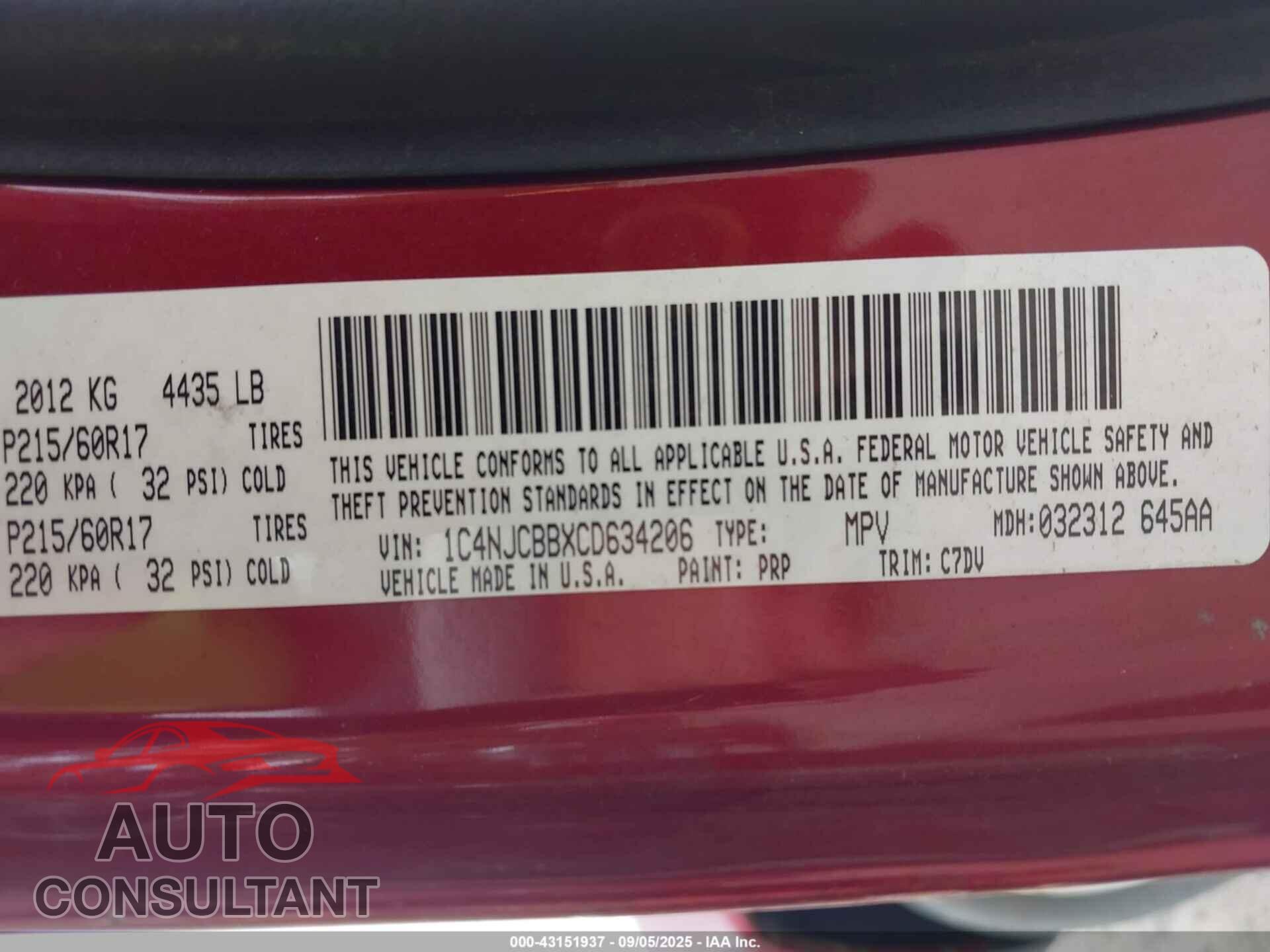 JEEP COMPASS 2012 - 1C4NJCBBXCD634206