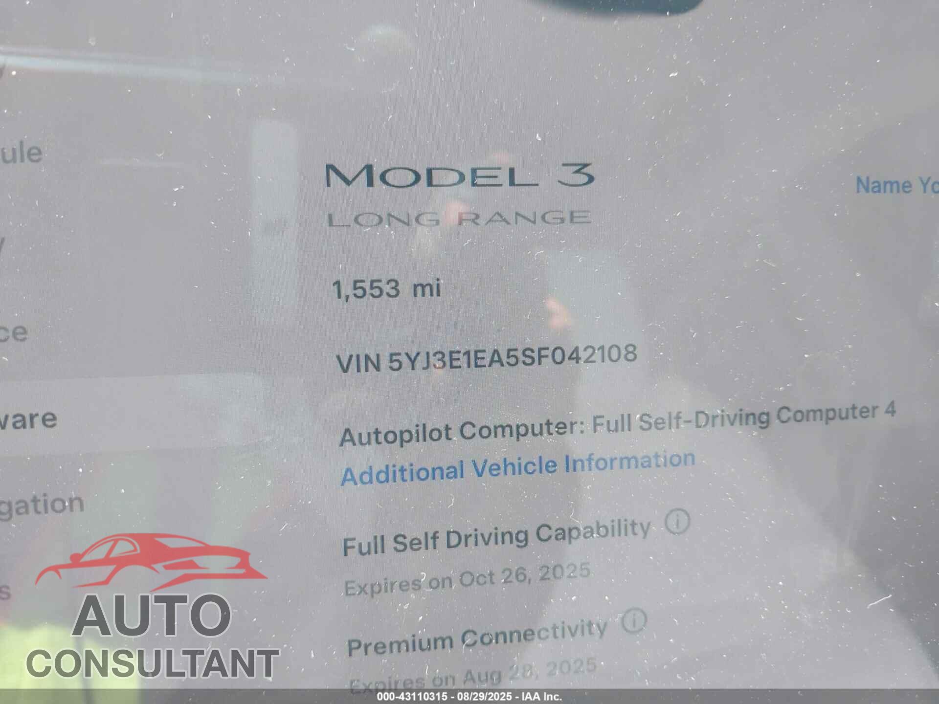 TESLA MODEL 3 2025 - 5YJ3E1EA5SF042108