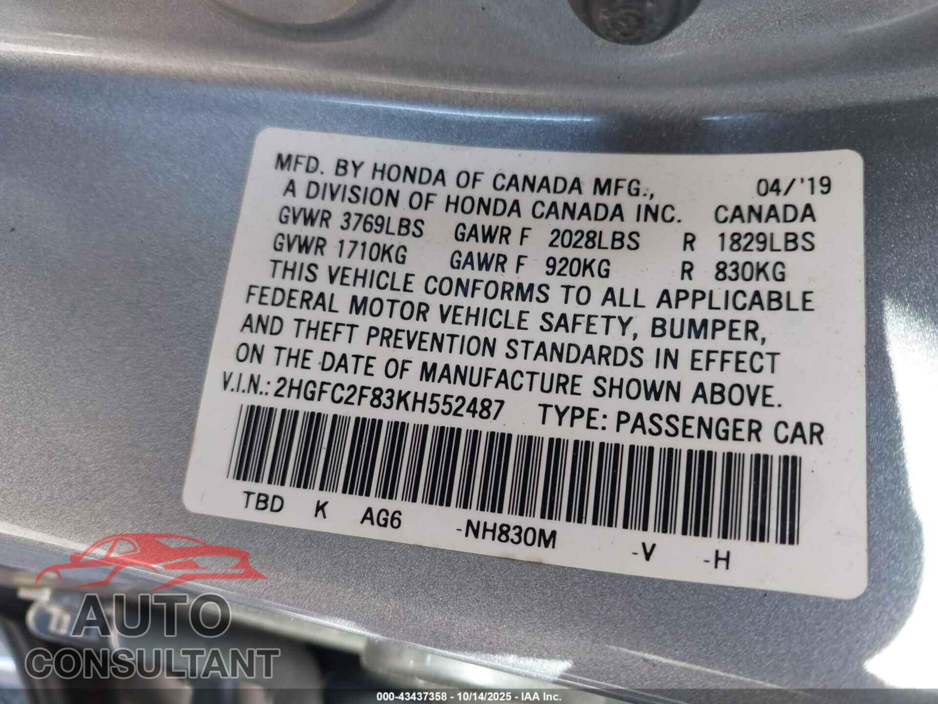 HONDA CIVIC 2019 - 2HGFC2F83KH552487