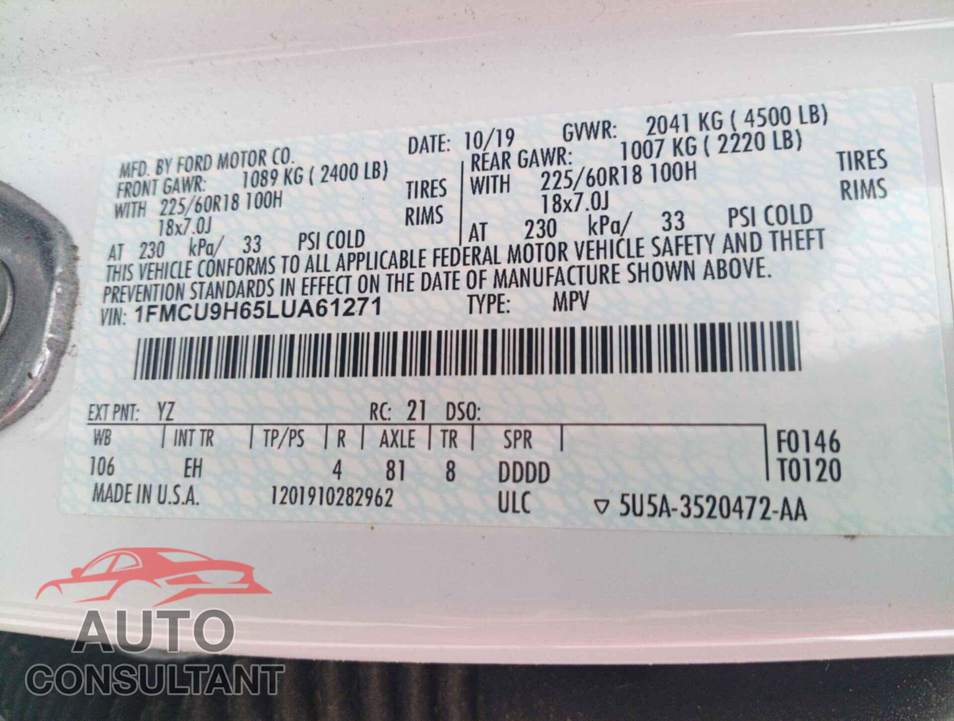 FORD ESCAPE 2020 - 1FMCU9H65LUA61271
