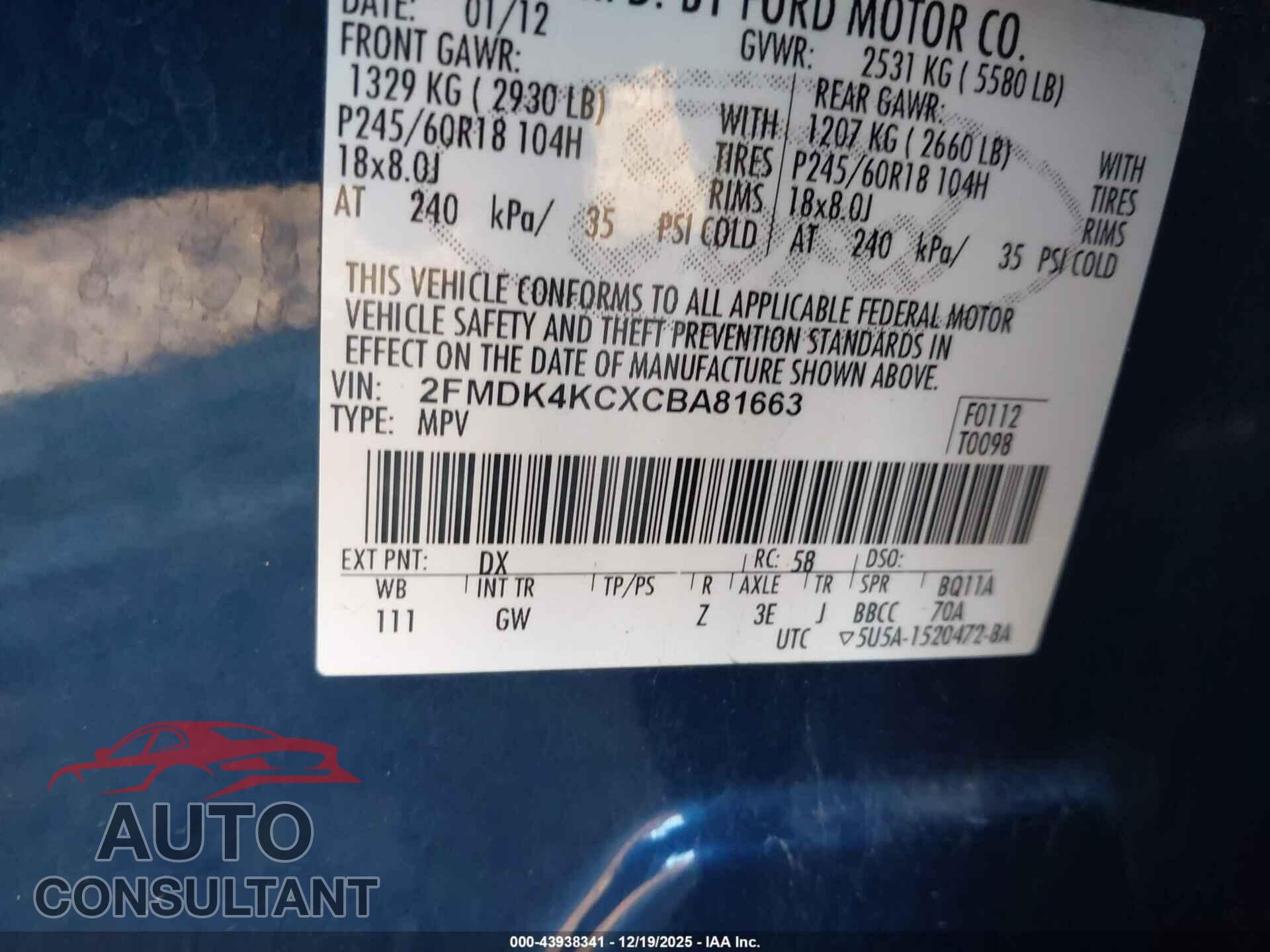 FORD EDGE 2012 - 2FMDK4KCXCBA81663
