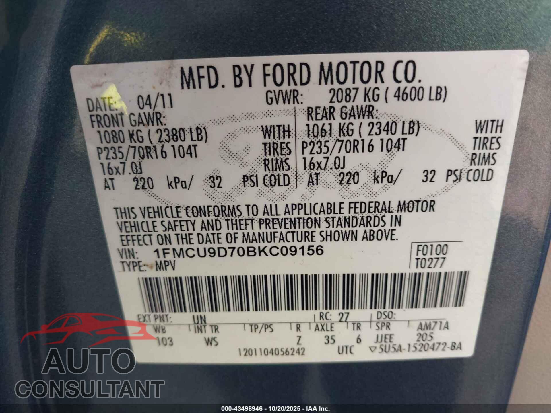 FORD ESCAPE 2011 - 1FMCU9D70BKC09156