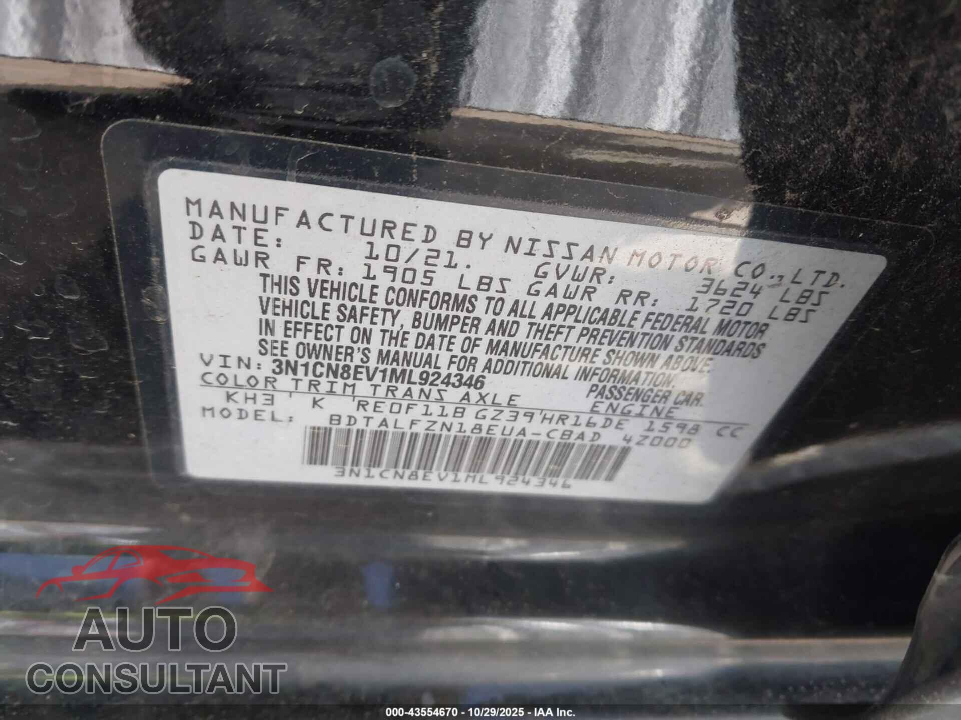 NISSAN VERSA 2021 - 3N1CN8EV1ML924346