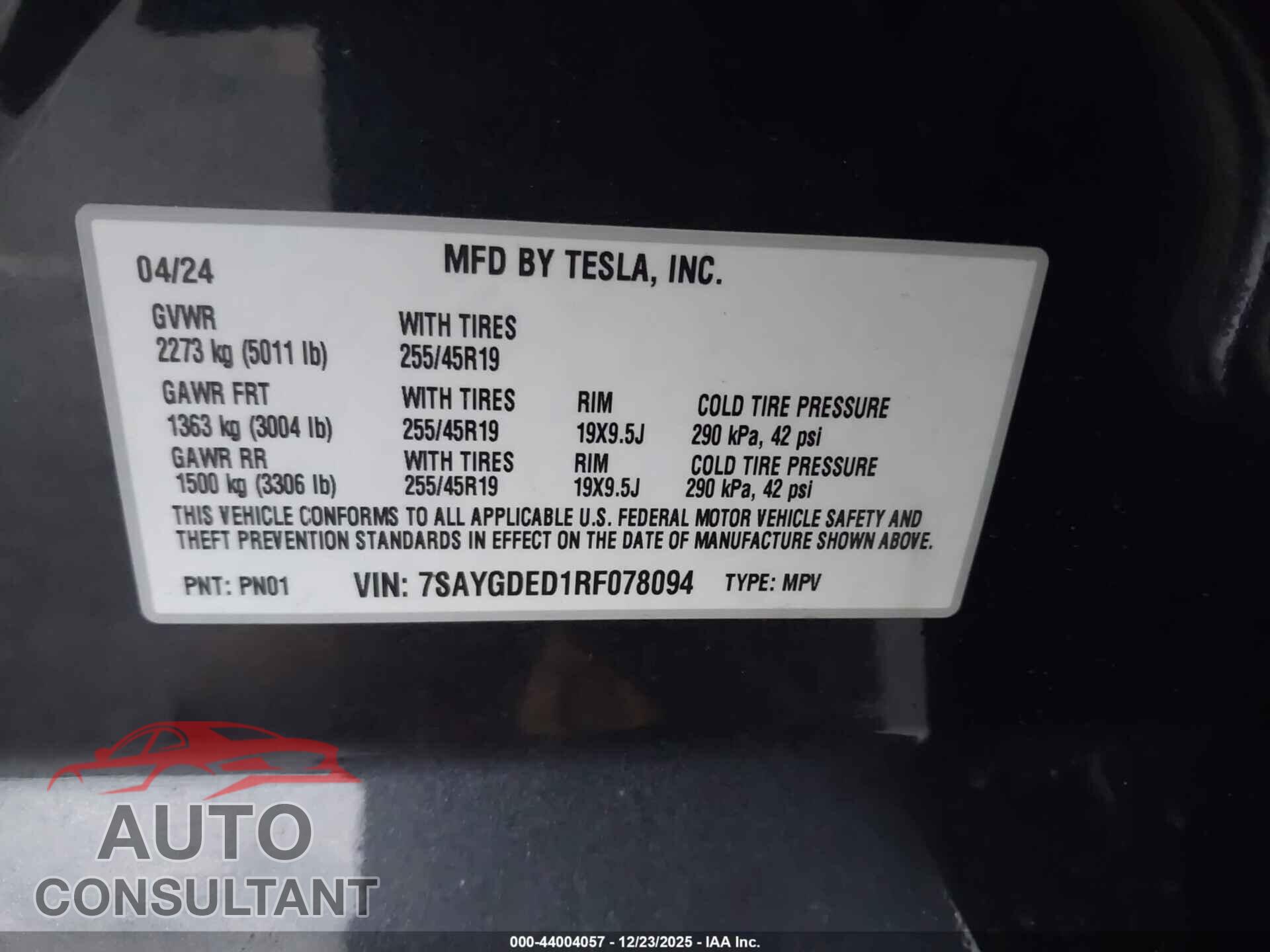 TESLA MODEL Y 2024 - 7SAYGDED1RF078094