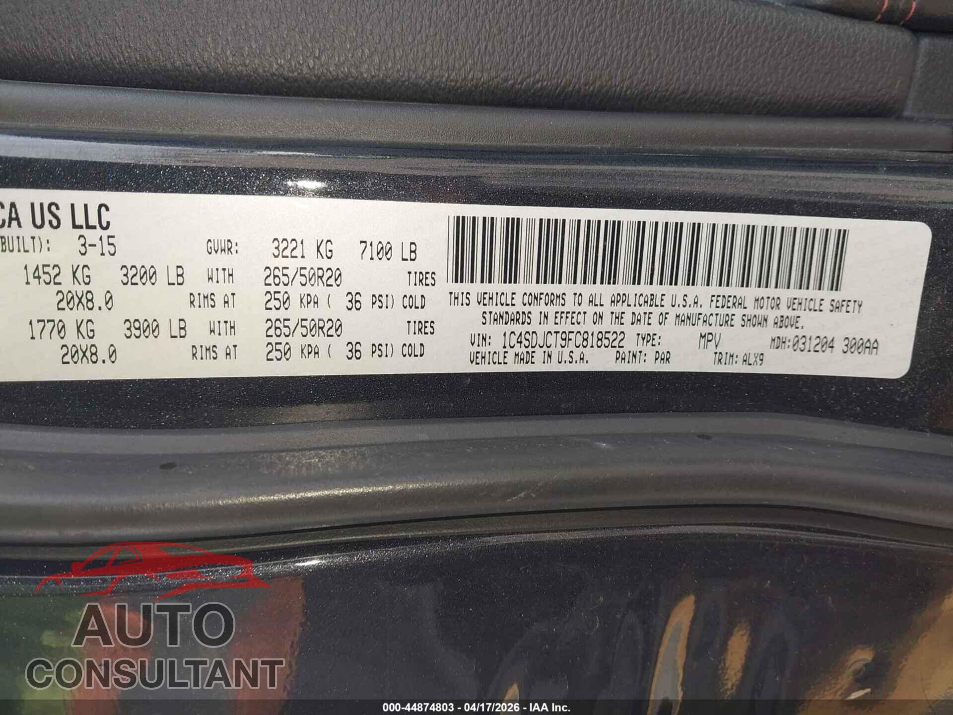DODGE DURANGO 2015 - 1C4SDJCT9FC818522