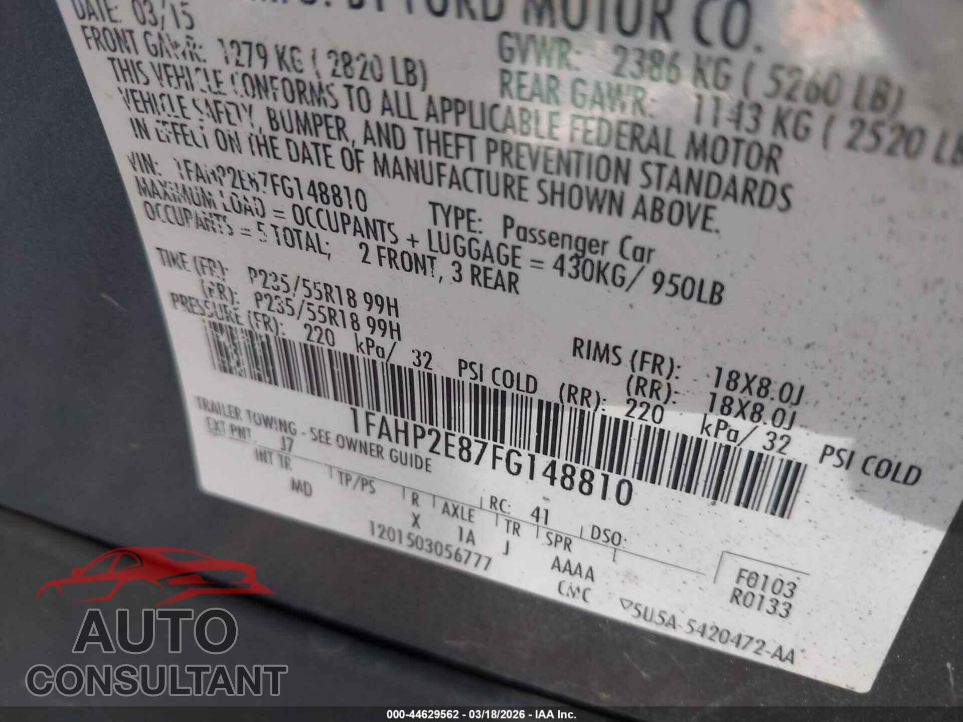 FORD TAURUS 2015 - 1FAHP2E87FG148810