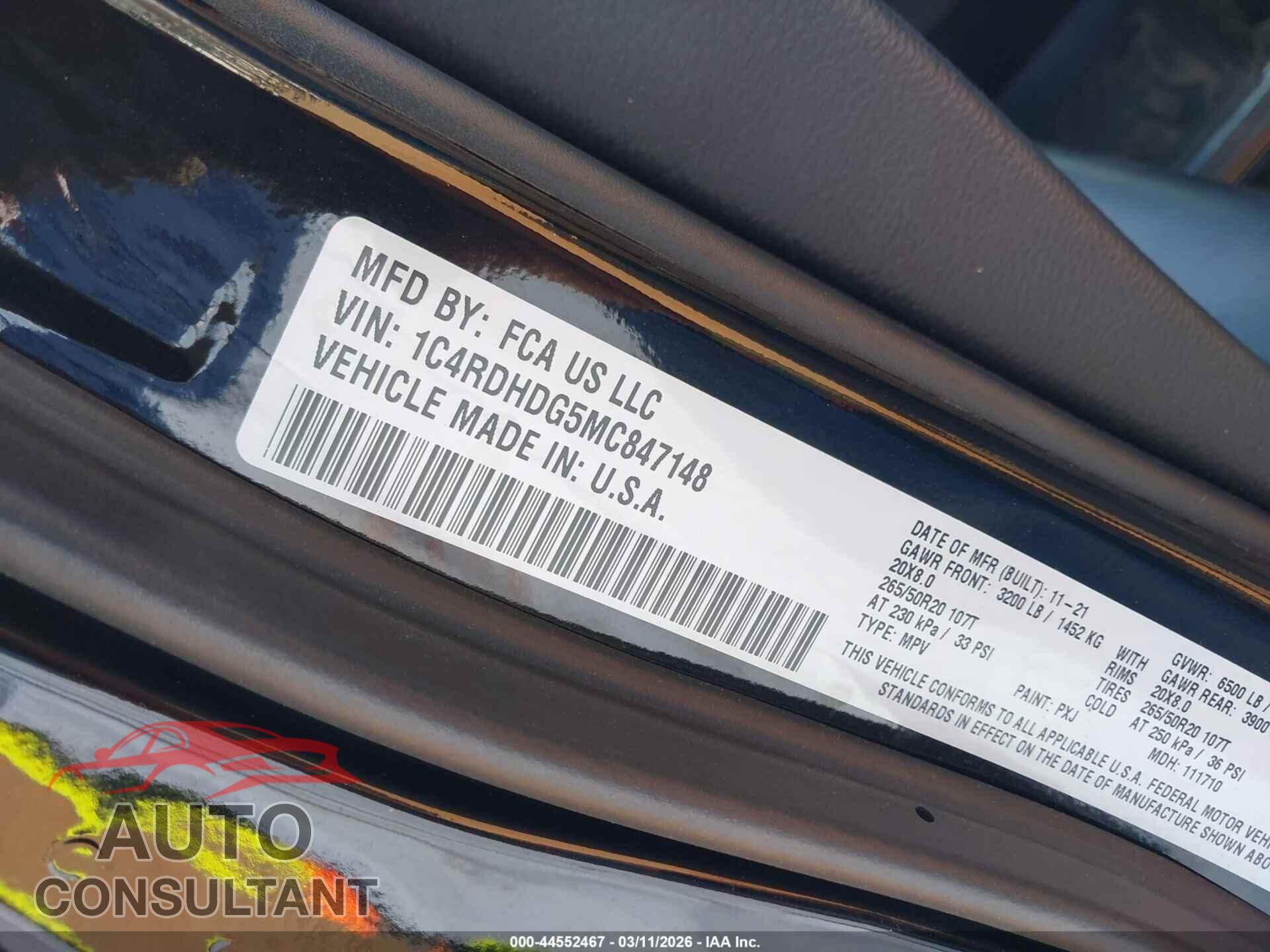DODGE DURANGO 2021 - 1C4RDHDG5MC847148