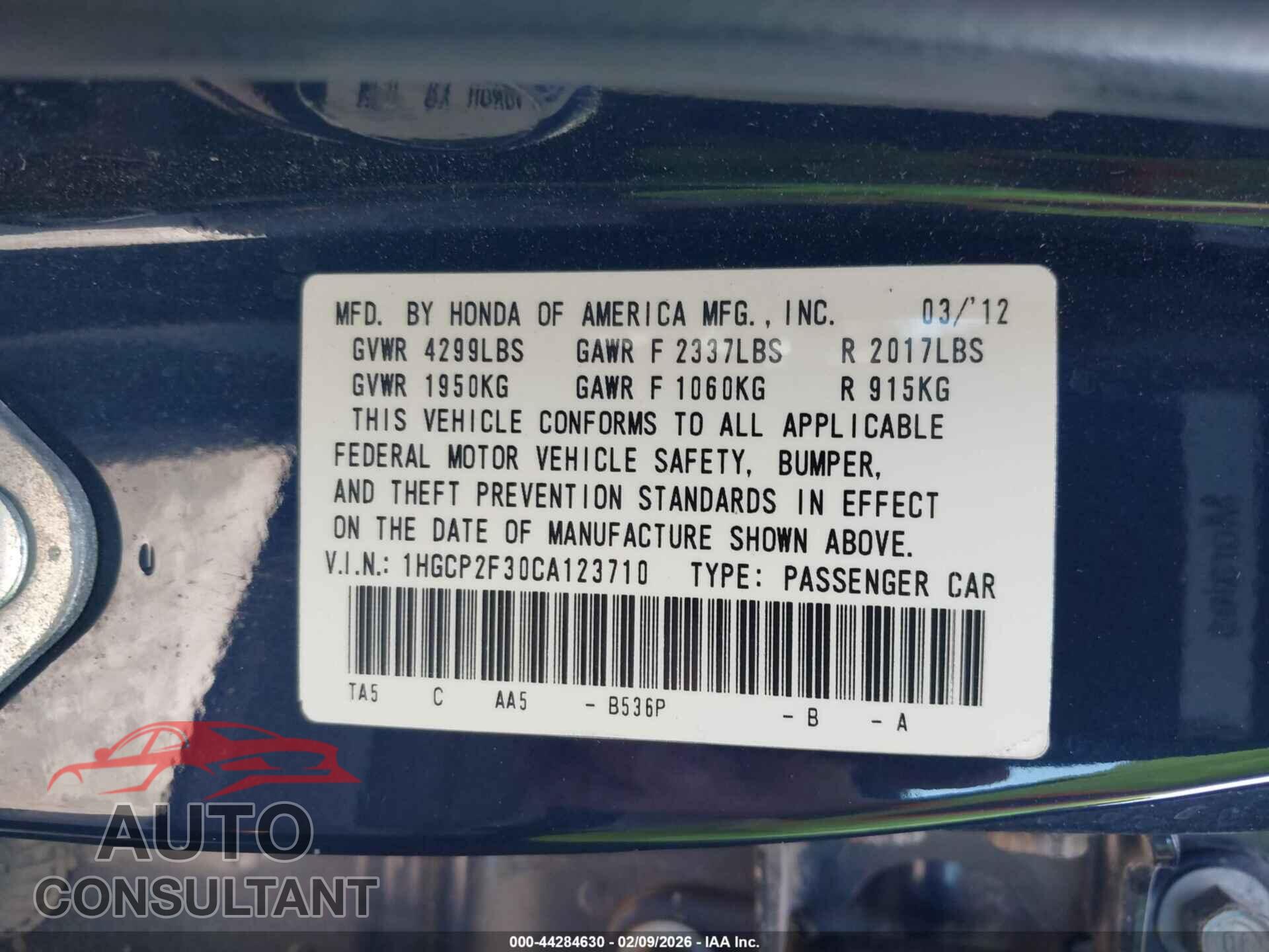 HONDA ACCORD 2012 - 1HGCP2F30CA123710