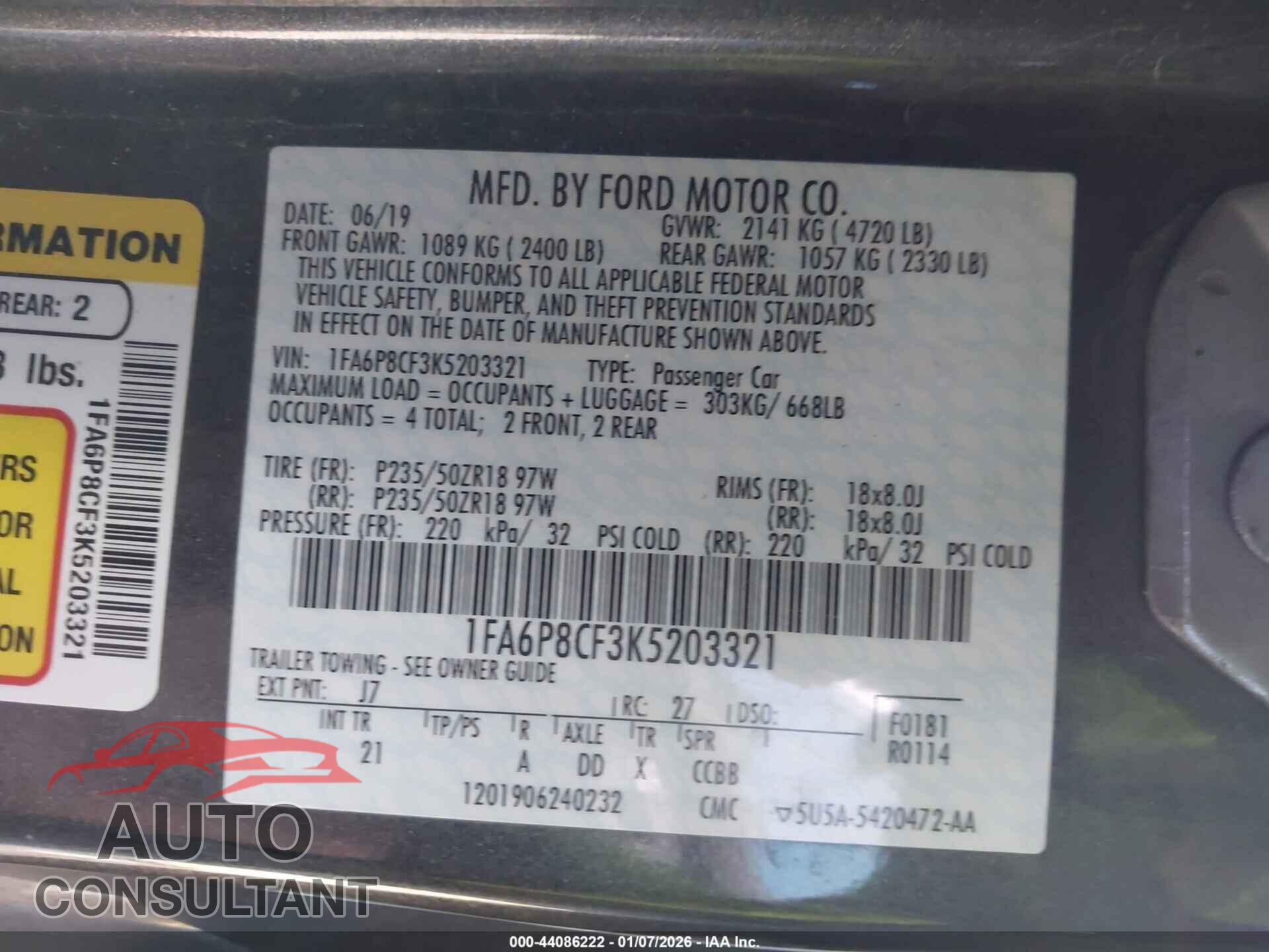 FORD MUSTANG 2019 - 1FA6P8CF3K5203321